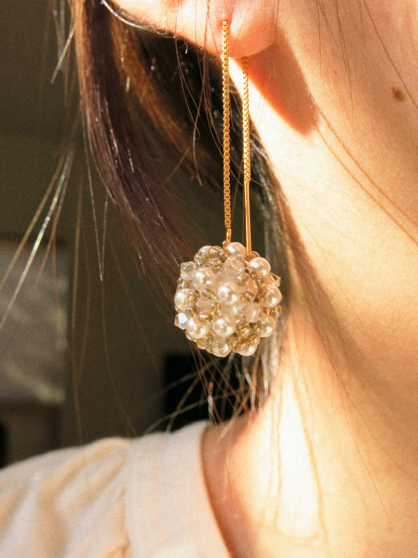 Sphere Threaders in Sand: Beaded with Miyuki Glass Beads, Swarovski Crystals and Edison Pearl Core, 14K Gold Fill