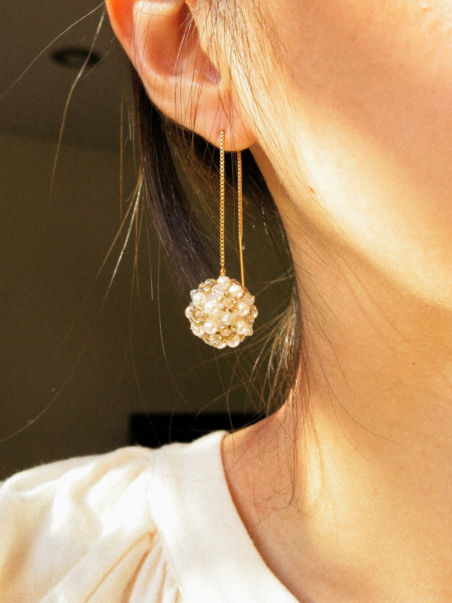 Sphere Threaders in Sand: Beaded with Miyuki Glass Beads, Swarovski Crystals and Edison Pearl Core, 14K Gold Fill