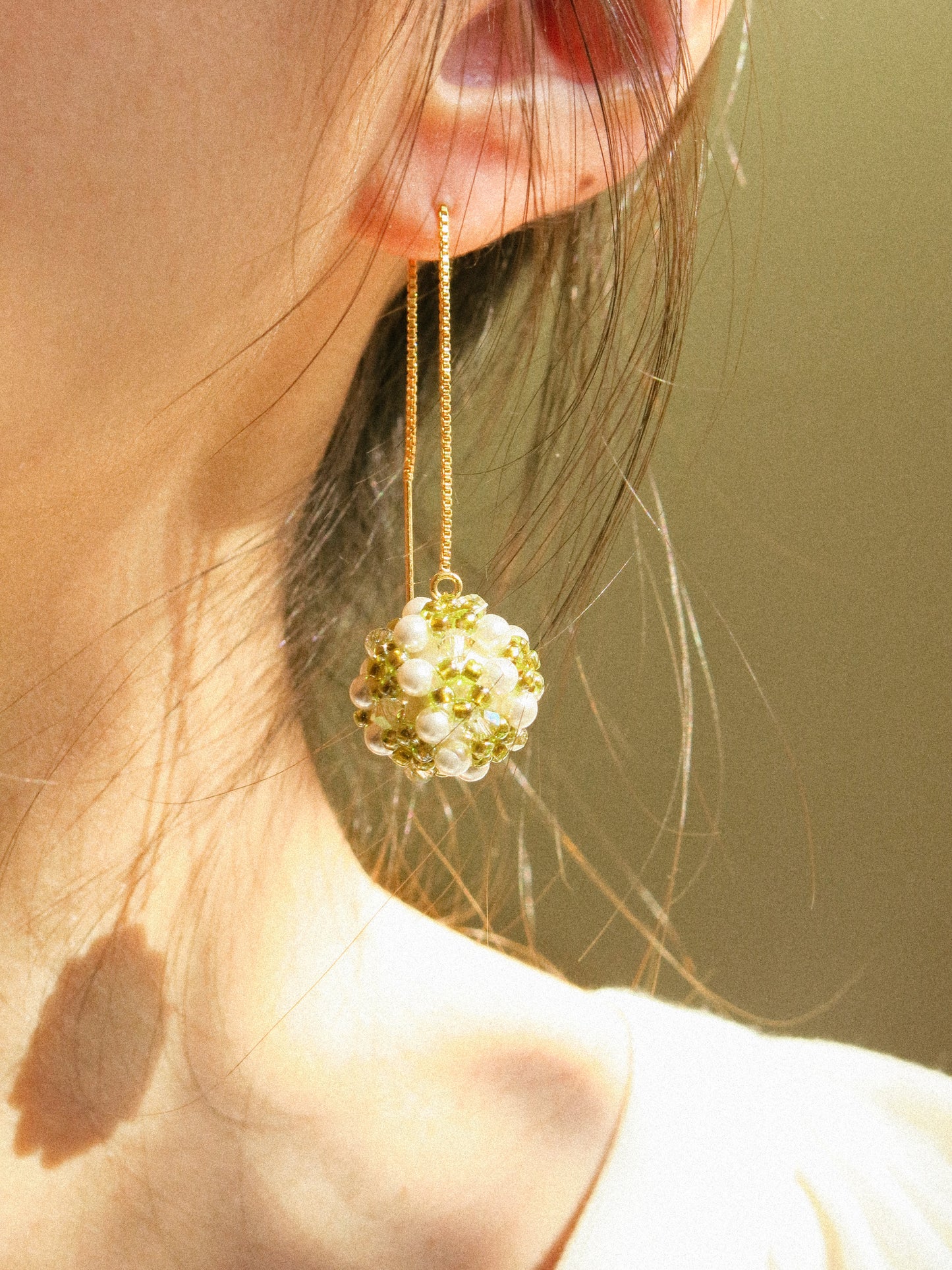 Sphere Threaders in Meadow: Beaded with Miyuki Glass Beads, Swarovski Crystals and Edison Pearl Core, 14K Gold Fill