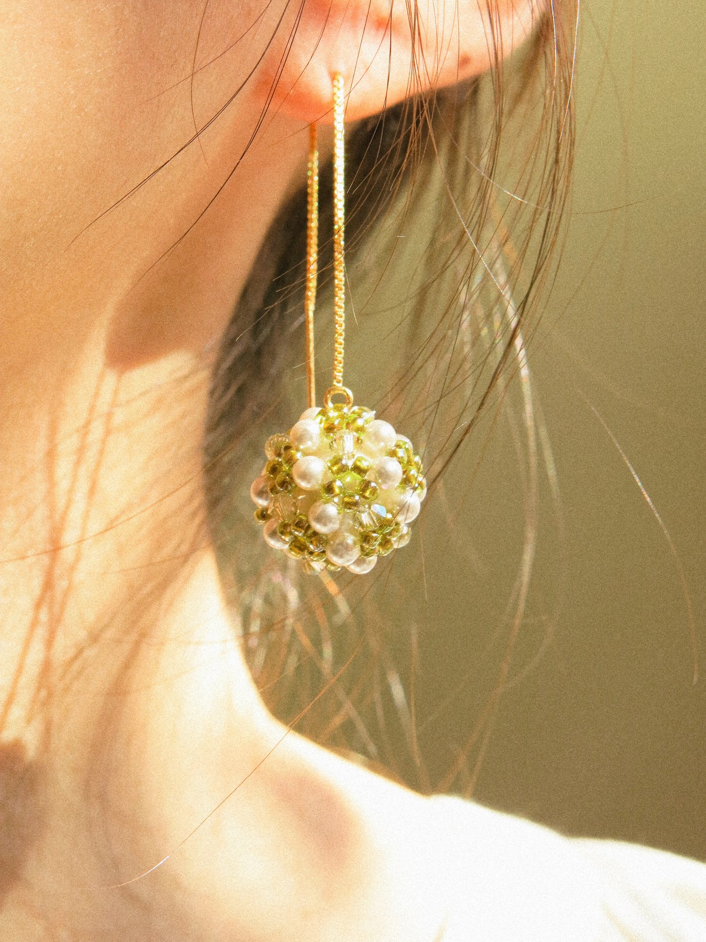 Sphere Threaders in Meadow: Beaded with Miyuki Glass Beads, Swarovski Crystals and Edison Pearl Core, 14K Gold Fill