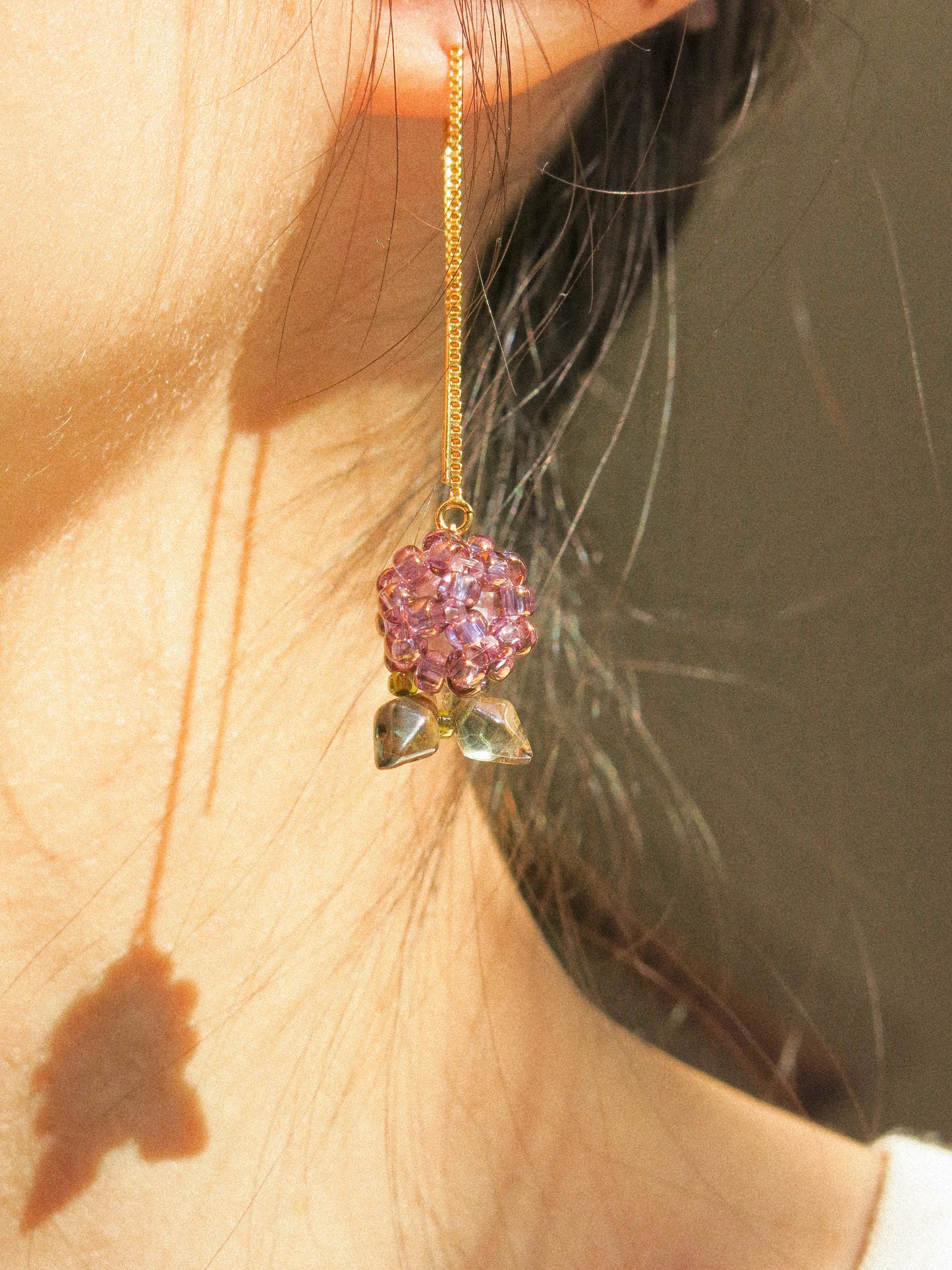 Plum Threader Earrings with Leaf, 14K Gold Fill