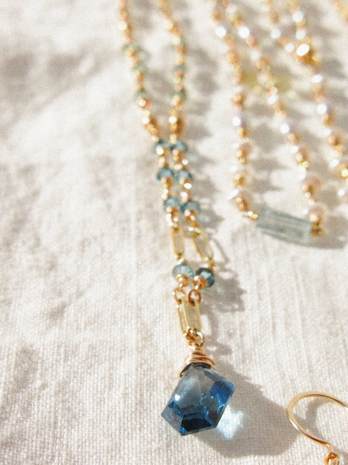 Geometric London Blue Topaz Necklace with Ombré Swarovski and Satin Gold Fill Bead Delicate Chain