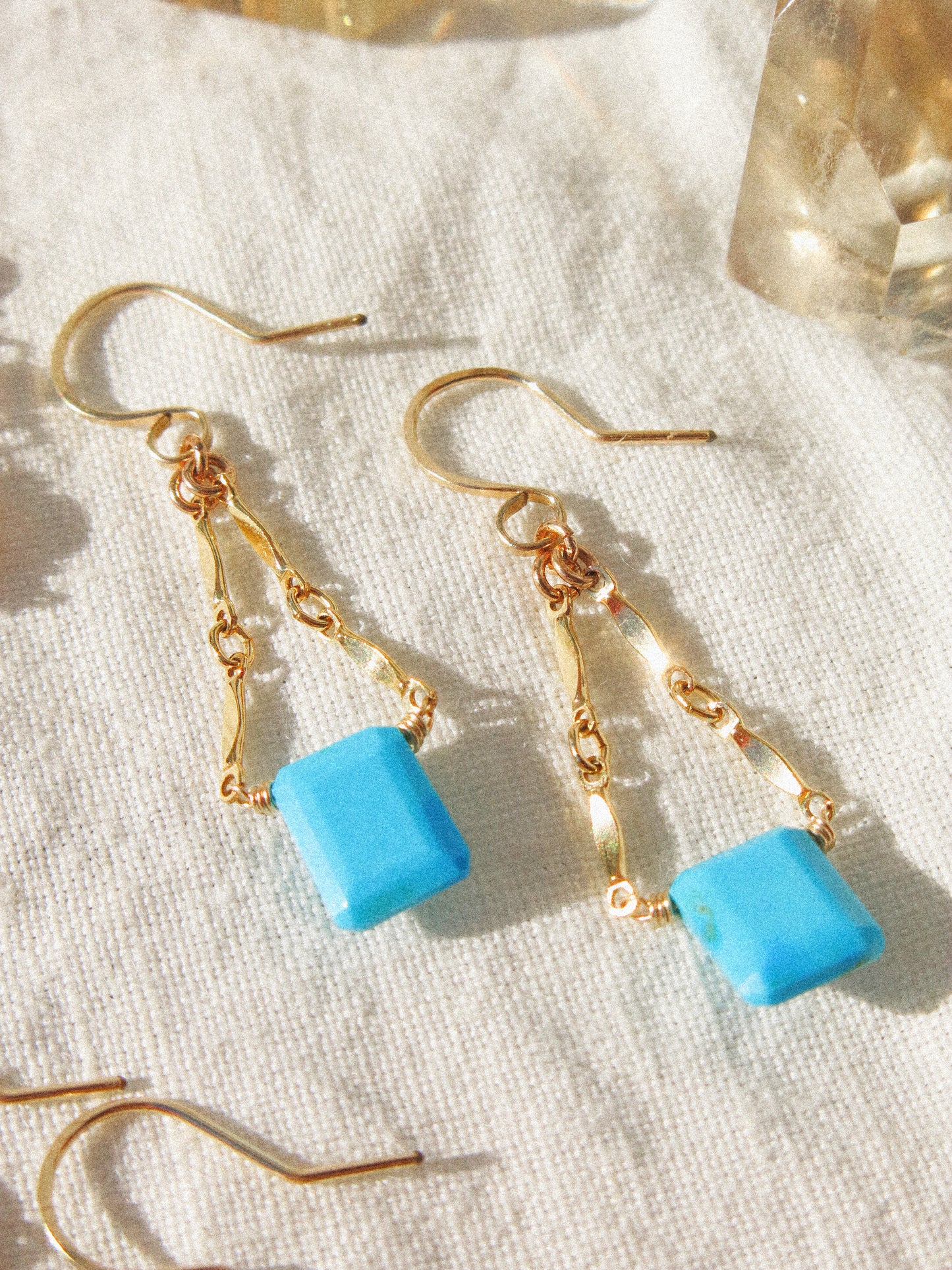 Catcher Earrings in Emerald Cut Kingman Turquoise in 14K Gold Fill