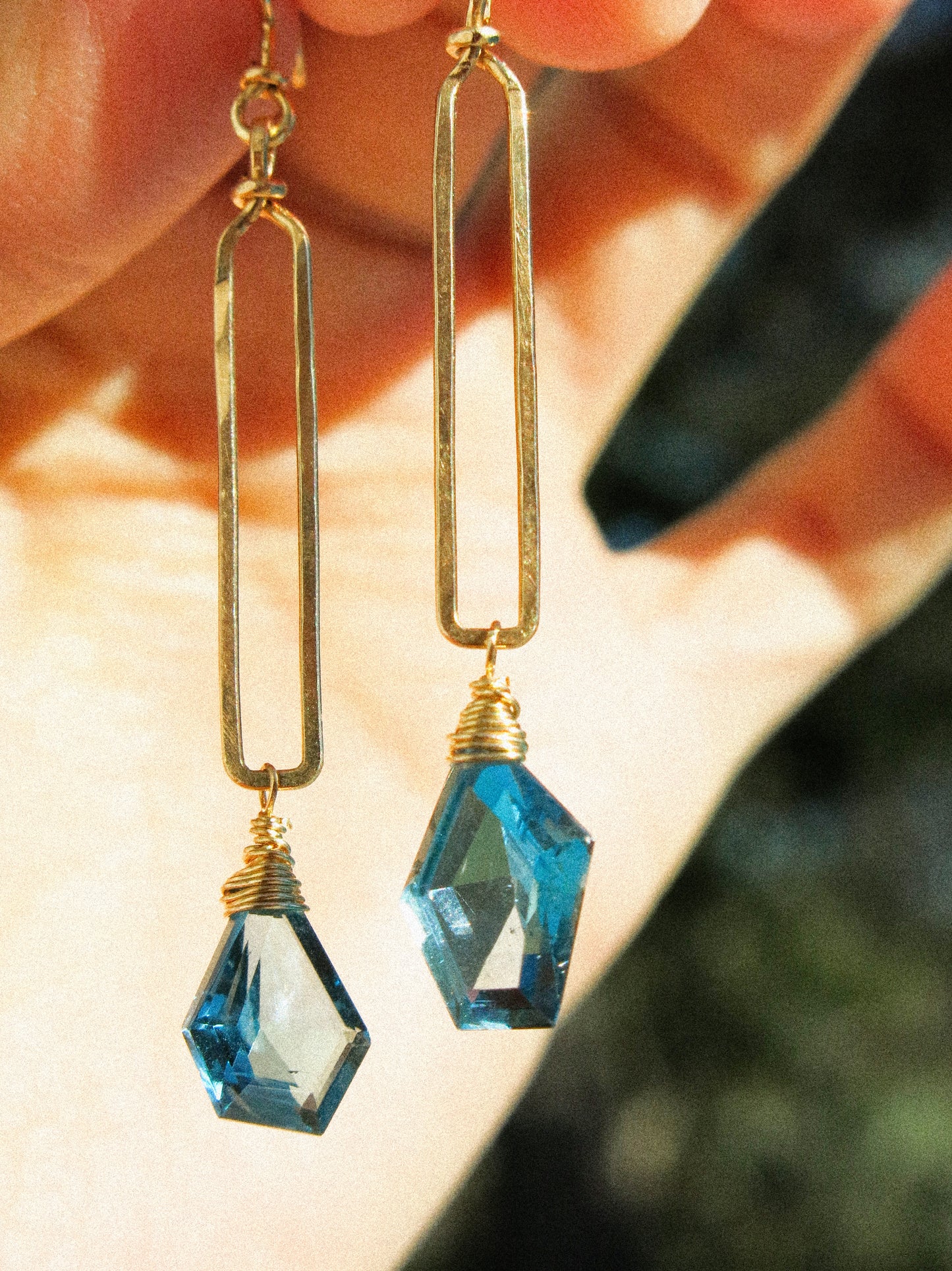 Geometric London Blue Topaz on Hammered Rectangle Frame Earrings