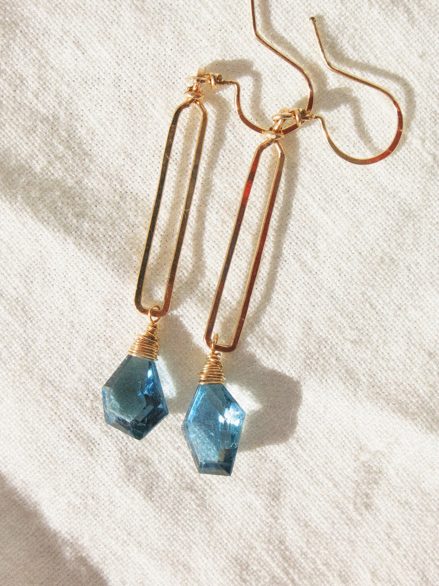 Geometric London Blue Topaz on Hammered Rectangle Frame Earrings