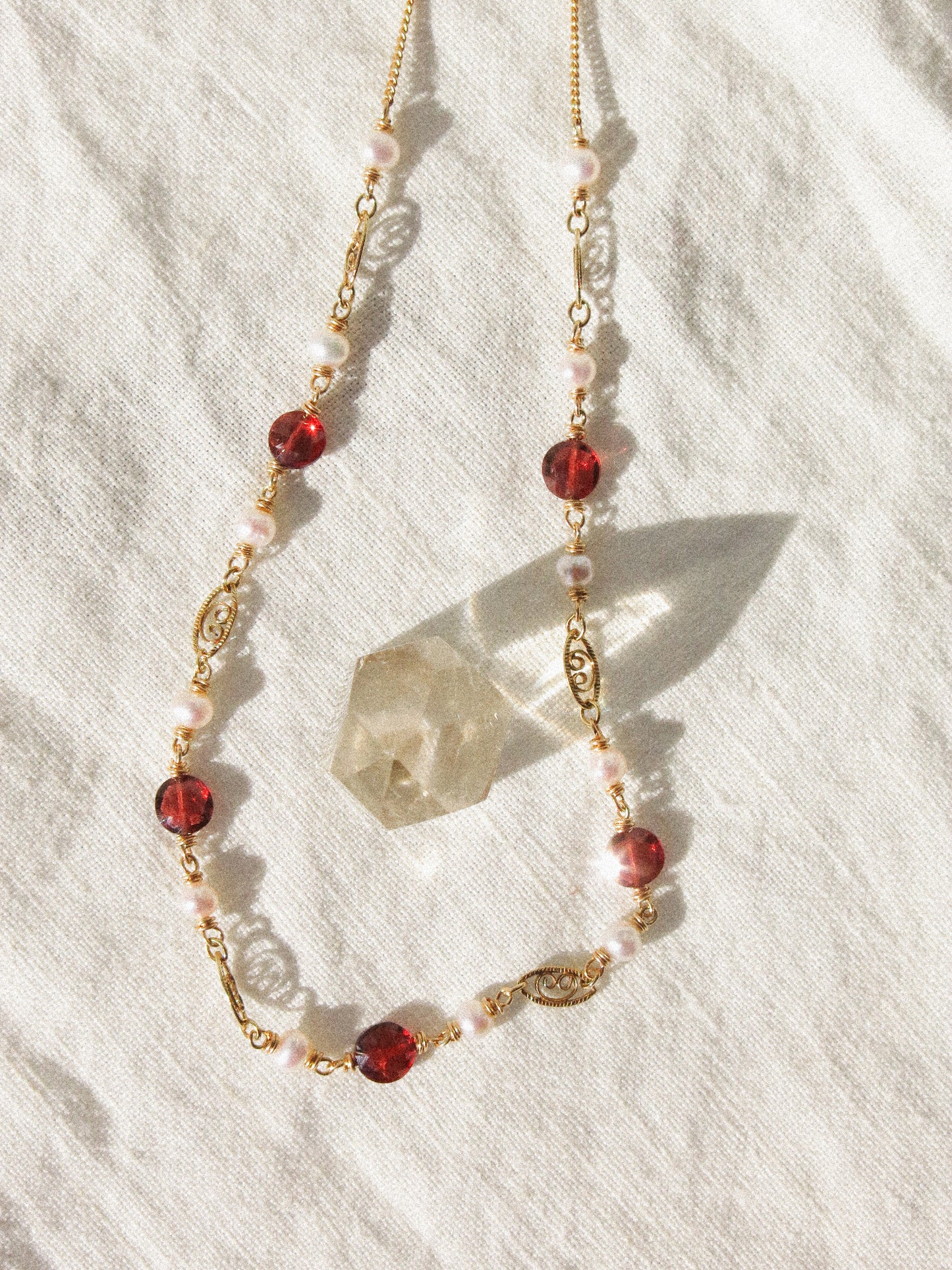 Mozambique Garnet and White Round Pearl Short Necklace with Filigree Links