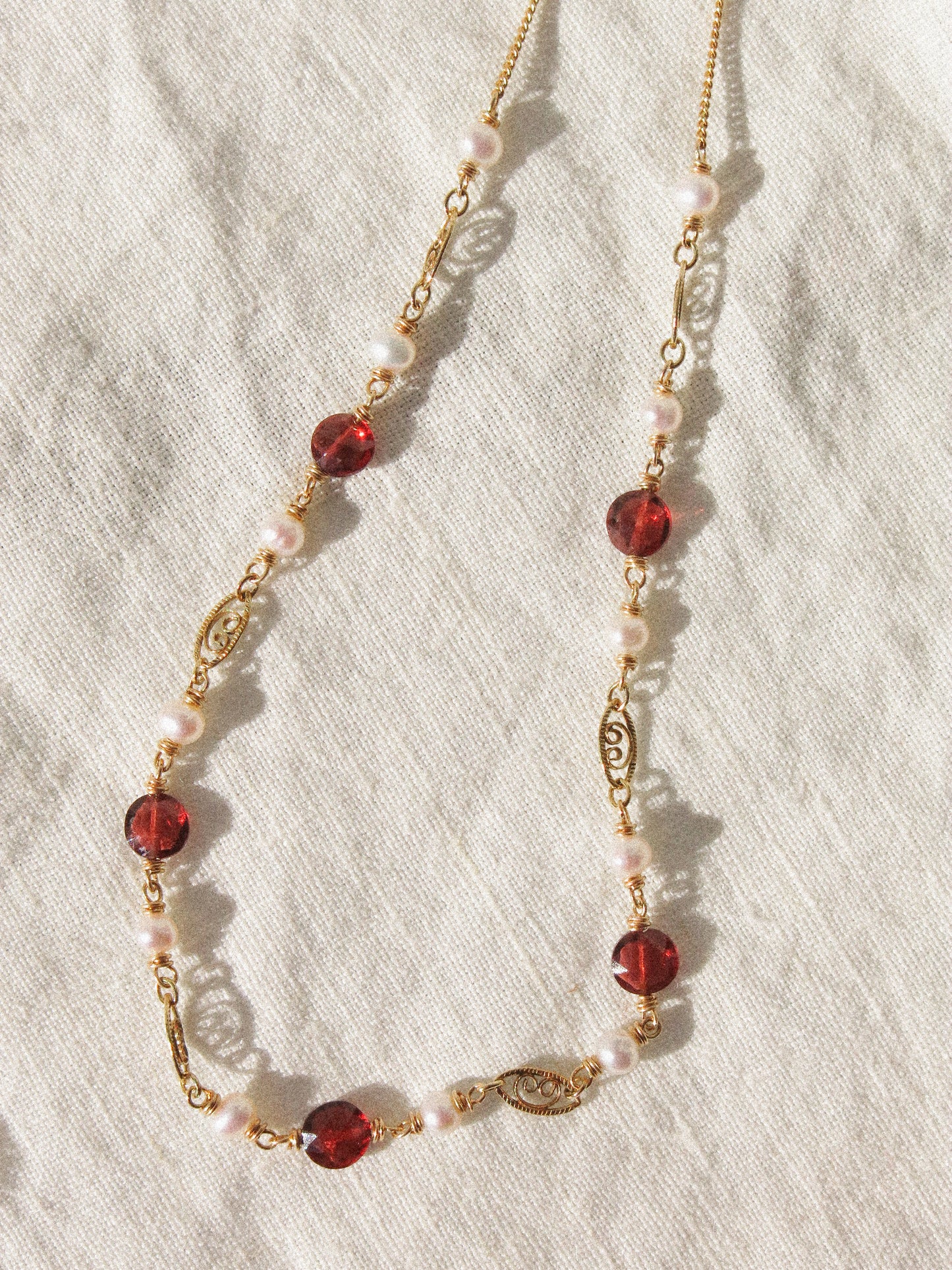 Mozambique Garnet and White Round Pearl Short Necklace with Filigree Links