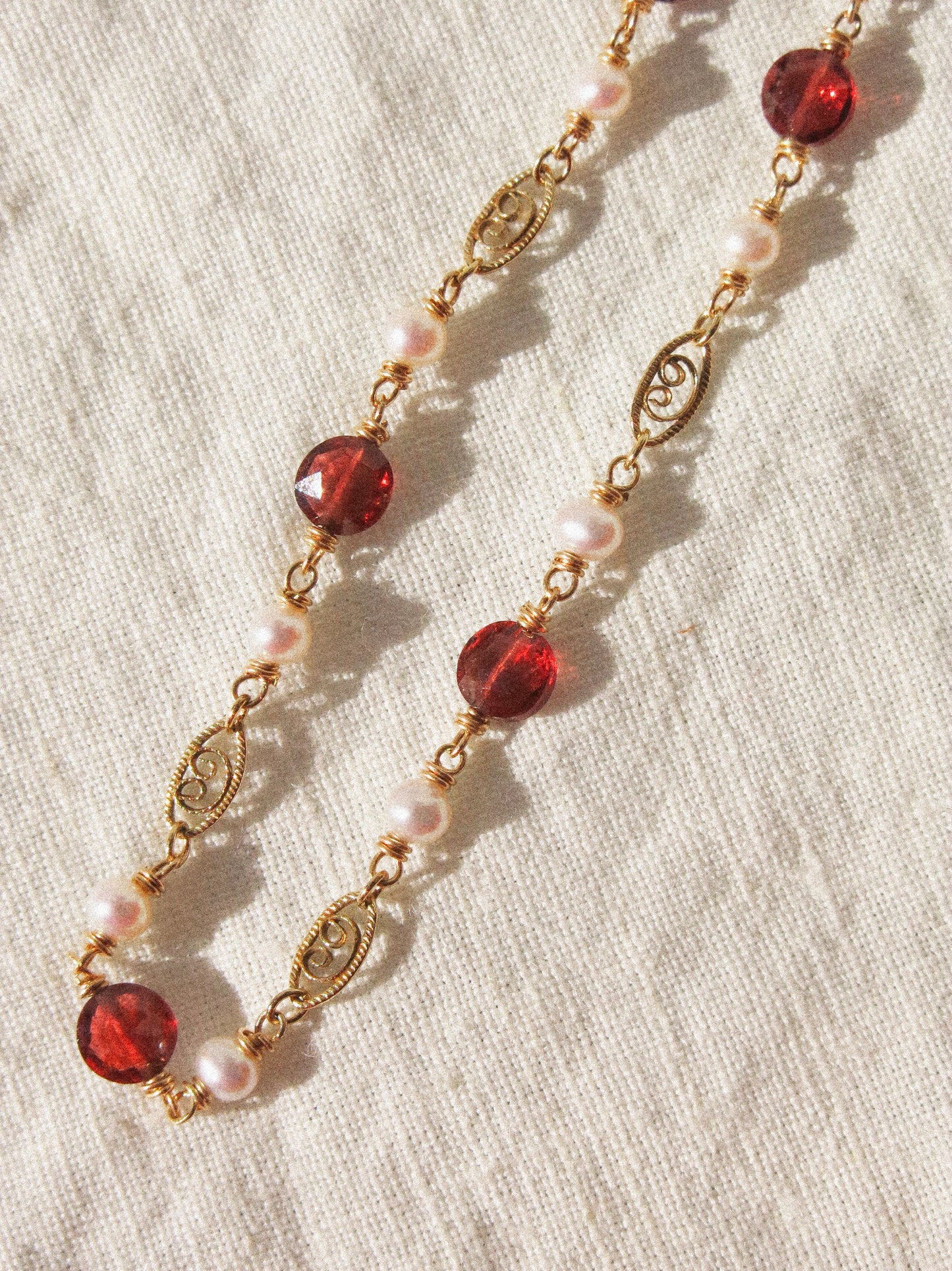 Mozambique Garnet and White Round Pearl Short Necklace with Filigree Links