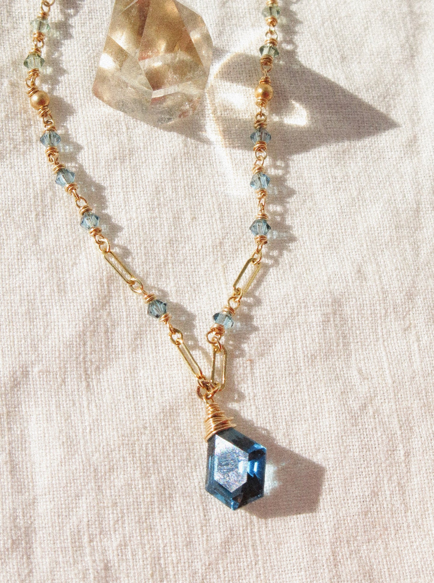 Geometric London Blue Topaz Necklace with Ombré Swarovski and Satin Gold Fill Bead Delicate Chain