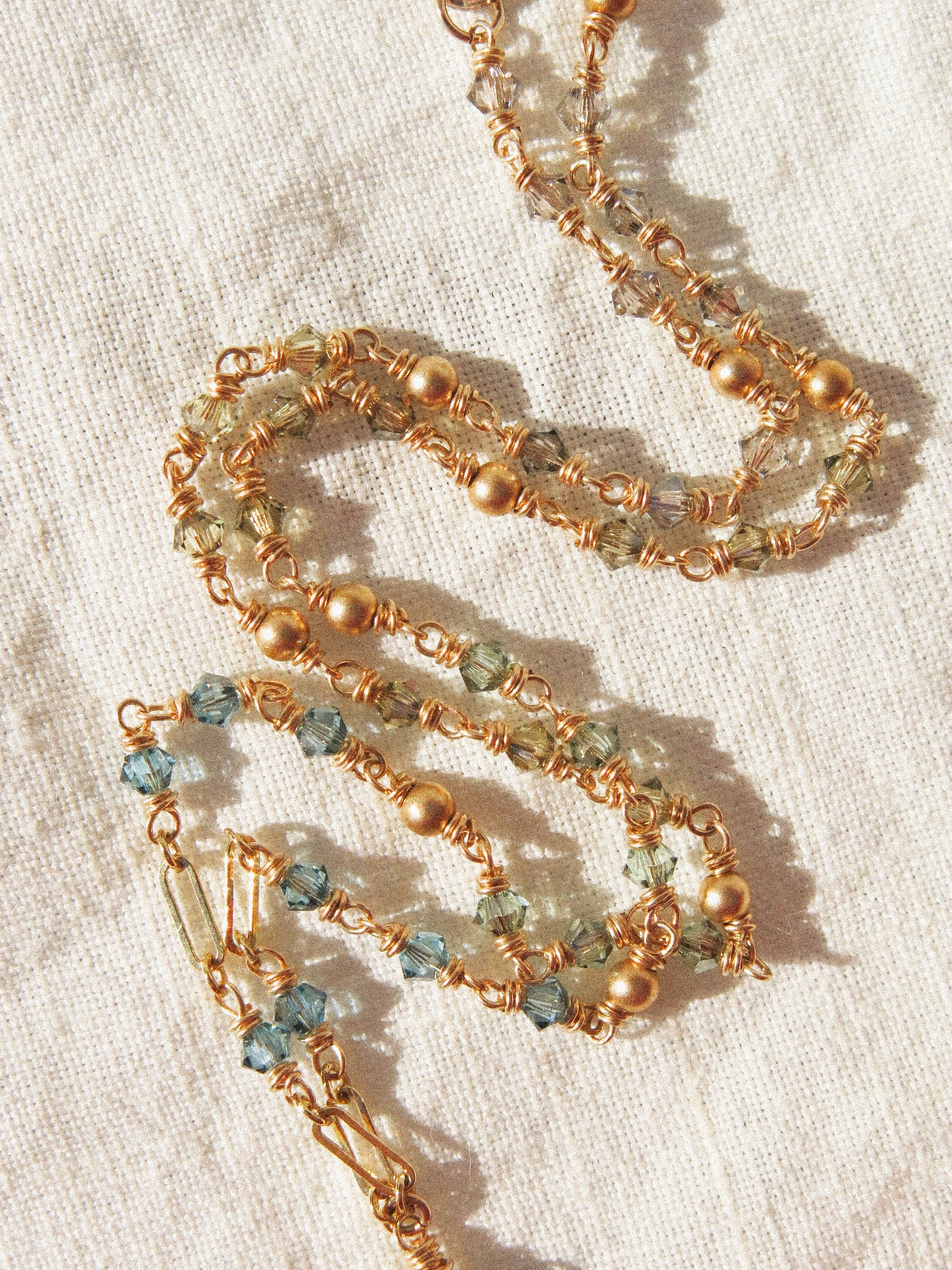 Geometric London Blue Topaz Necklace with Ombré Swarovski and Satin Gold Fill Bead Delicate Chain