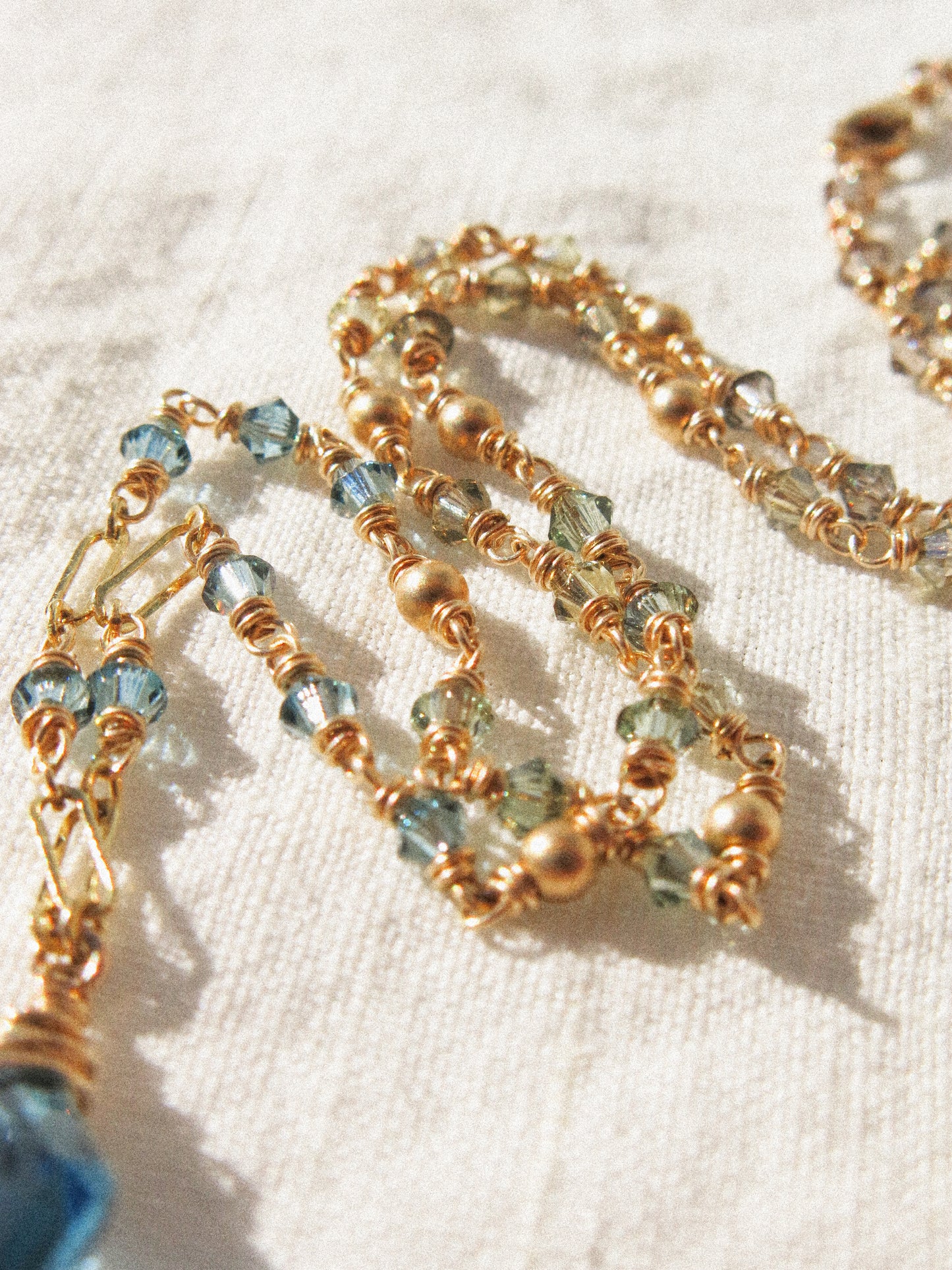 Geometric London Blue Topaz Necklace with Ombré Swarovski and Satin Gold Fill Bead Delicate Chain