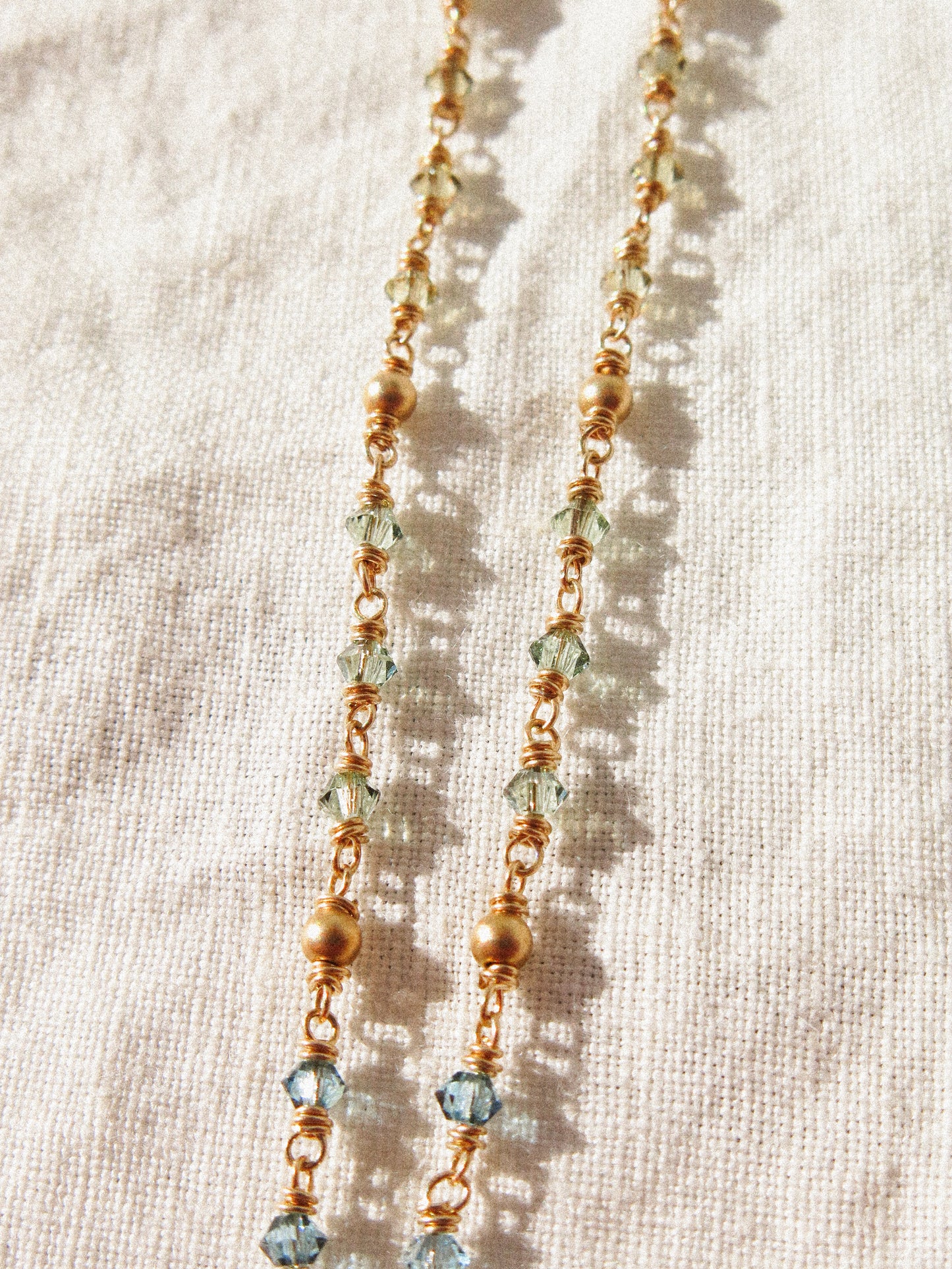 Geometric London Blue Topaz Necklace with Ombré Swarovski and Satin Gold Fill Bead Delicate Chain