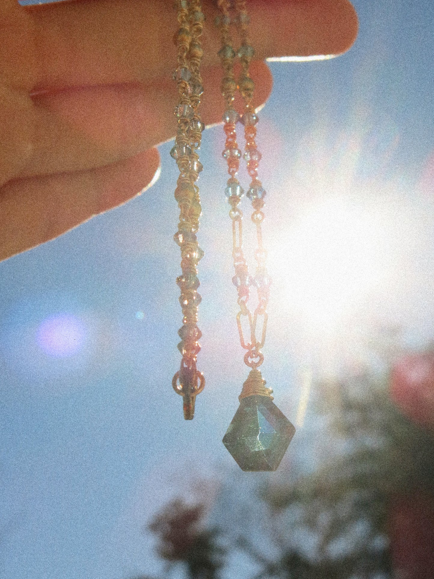 Geometric London Blue Topaz Necklace with Ombré Swarovski and Satin Gold Fill Bead Delicate Chain