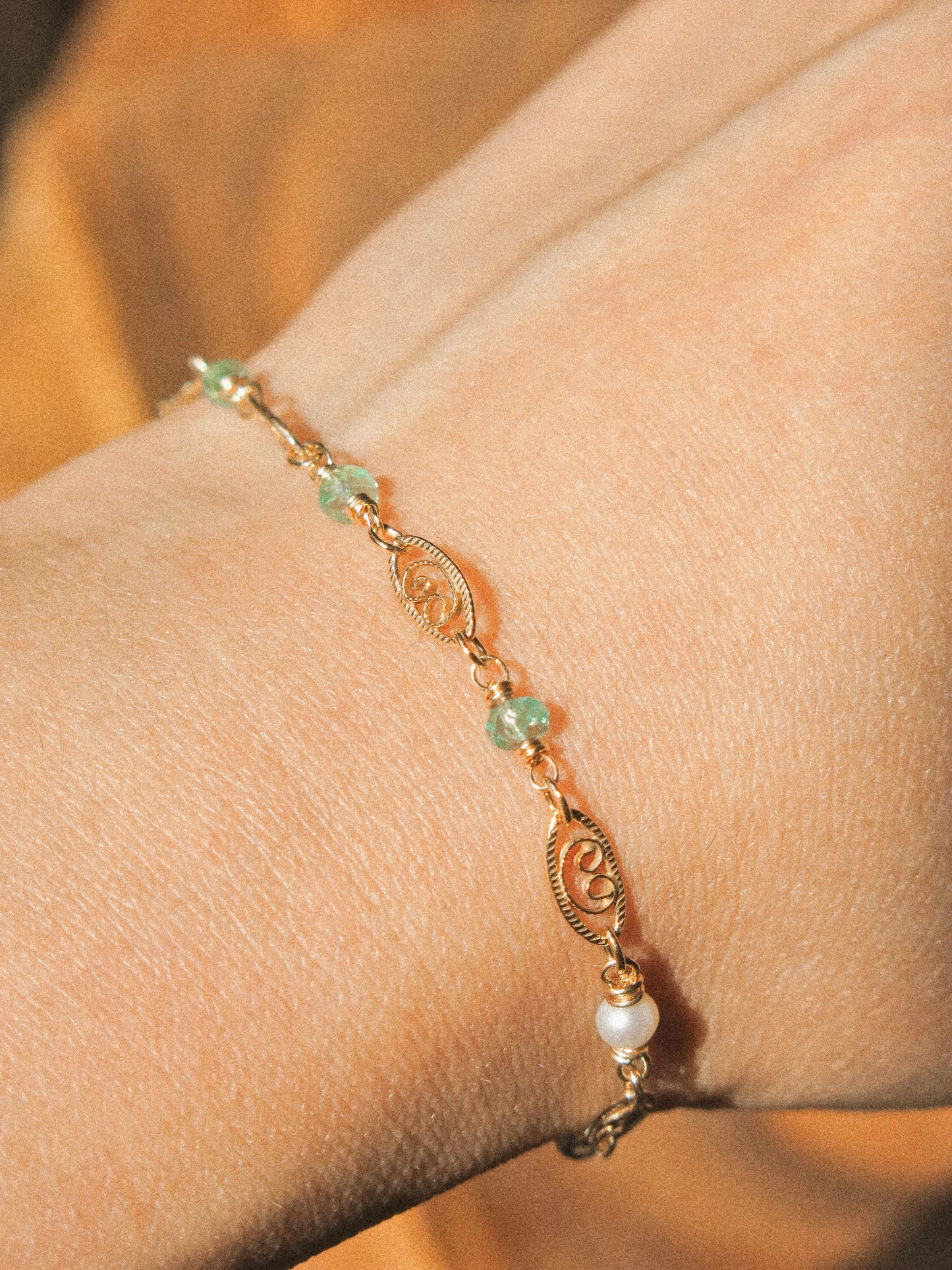 AAA Zambian Emerald Delicate Bracelet with Magnetic Clasp and Filigree Chains, 6”, 14K Gold Fill