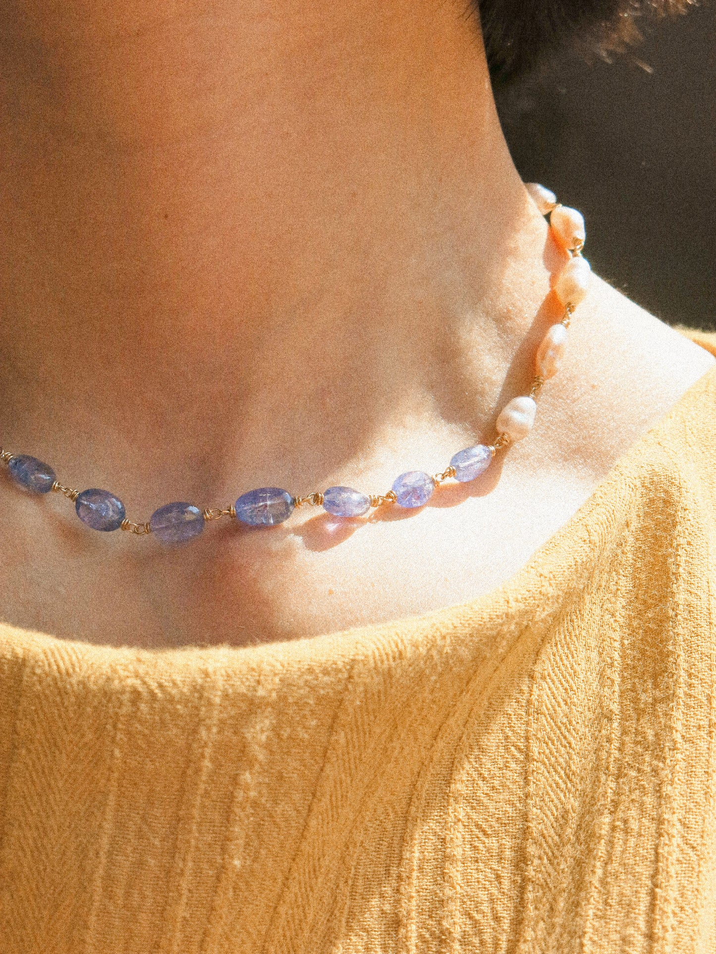 Organic White Keshi Pearl and Smooth Oval Tanzanite Delicate Choker Necklace