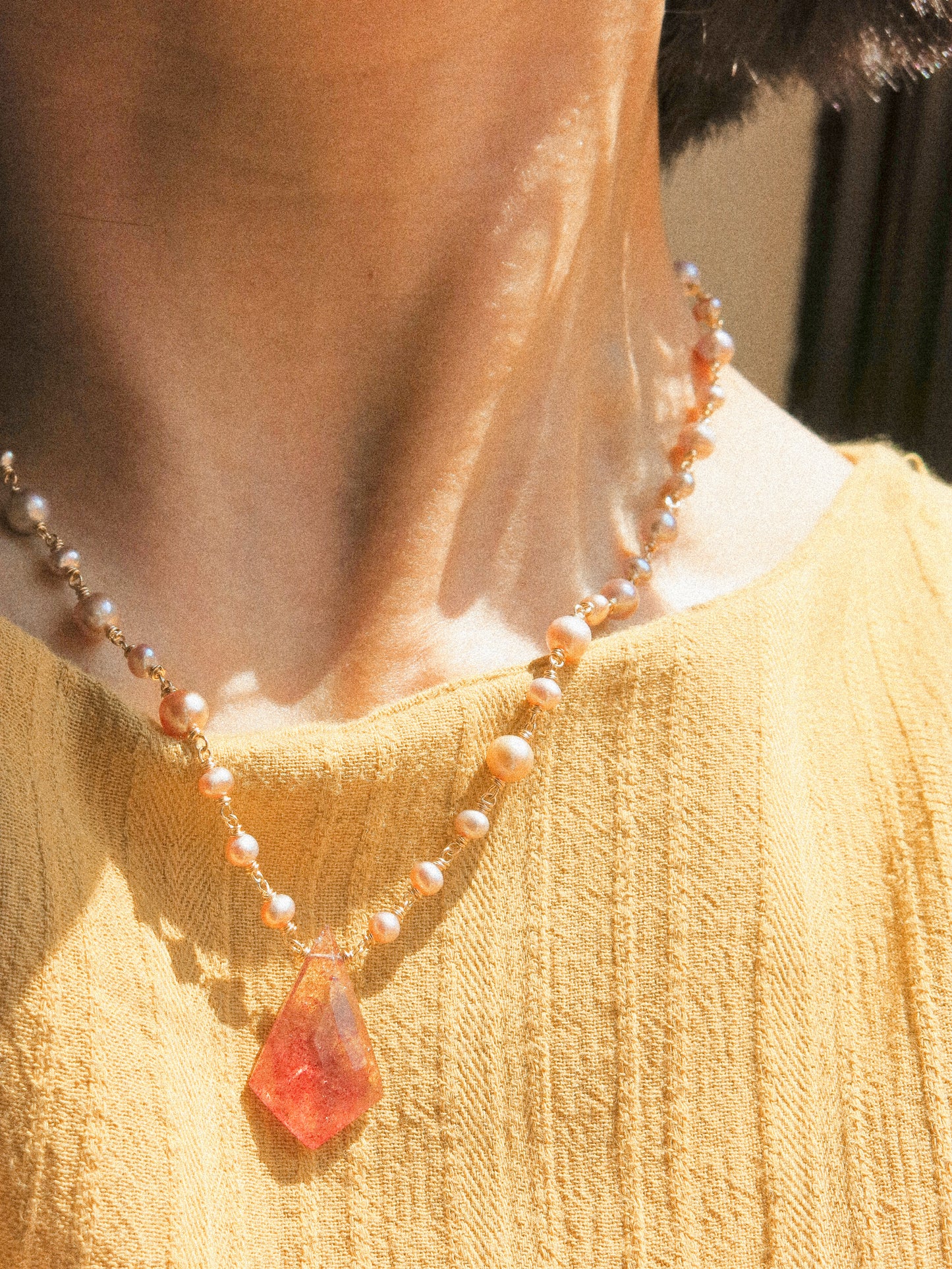 Peach and Mauve Round Pearl with Fancy Cut Strawberry Quartz Delicate Necklace