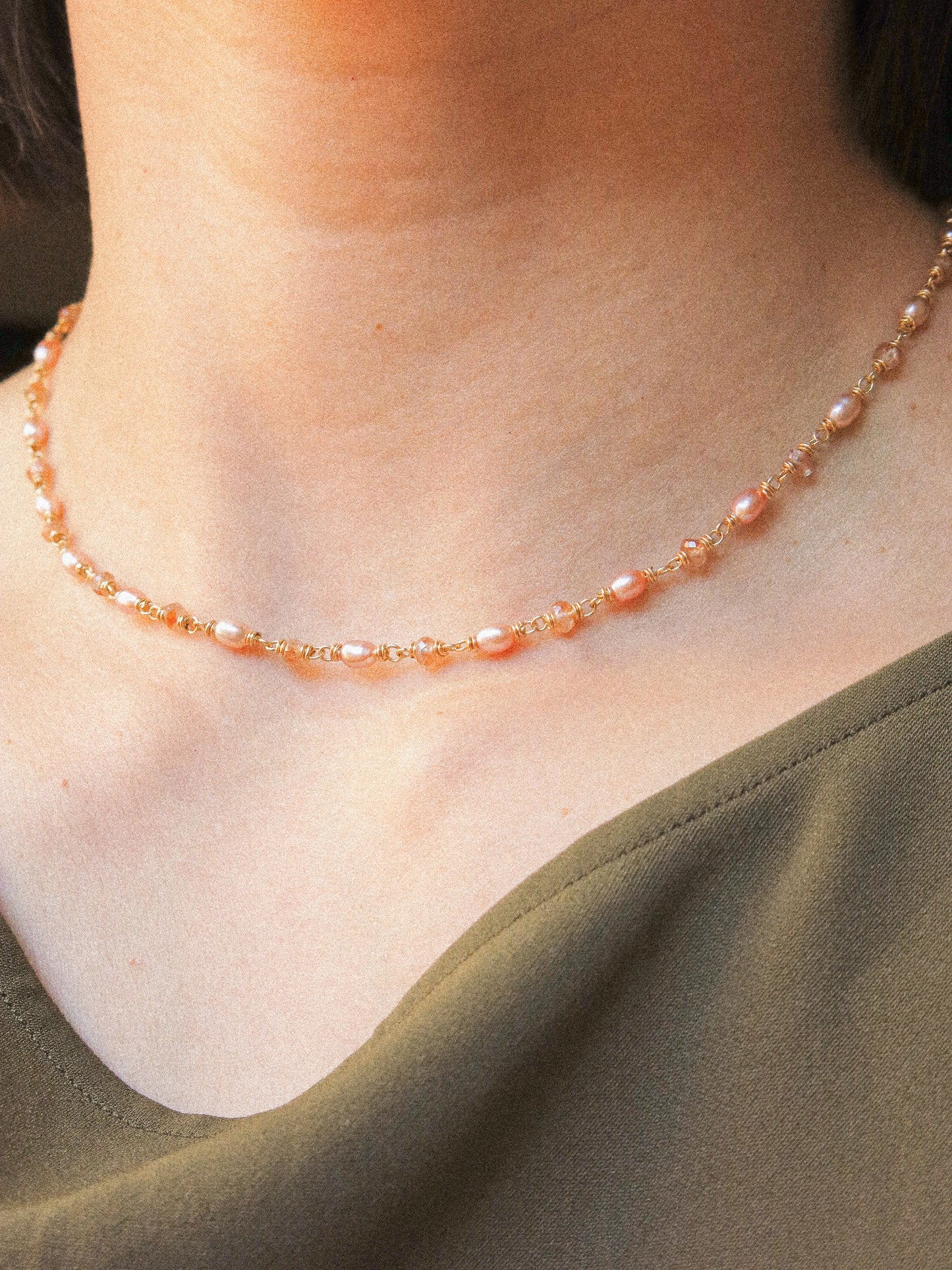 Pink Oval Pearl and Rose Champagne Zircon Delicate Choker Necklace