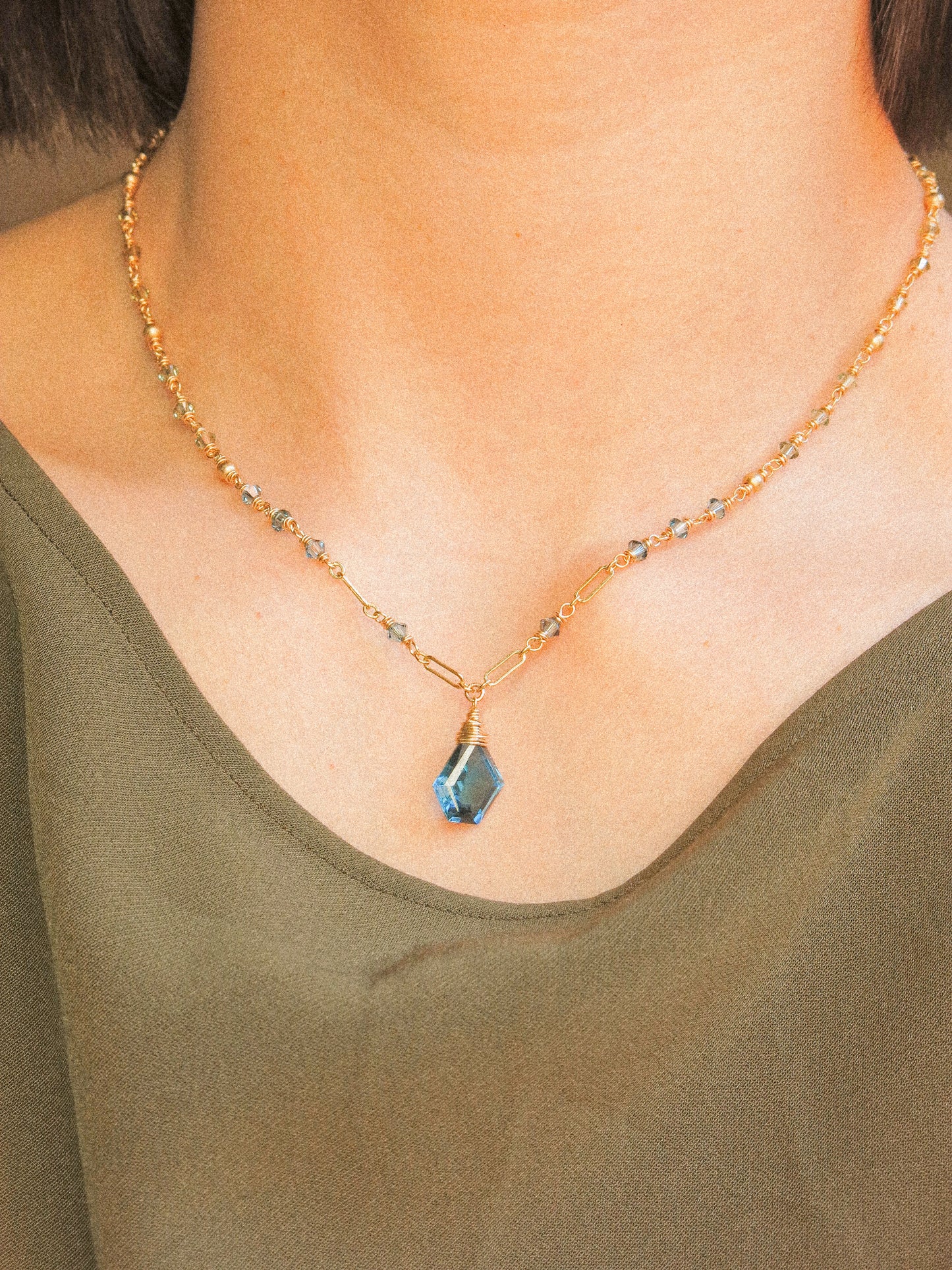 Geometric London Blue Topaz Necklace with Ombré Swarovski and Satin Gold Fill Bead Delicate Chain