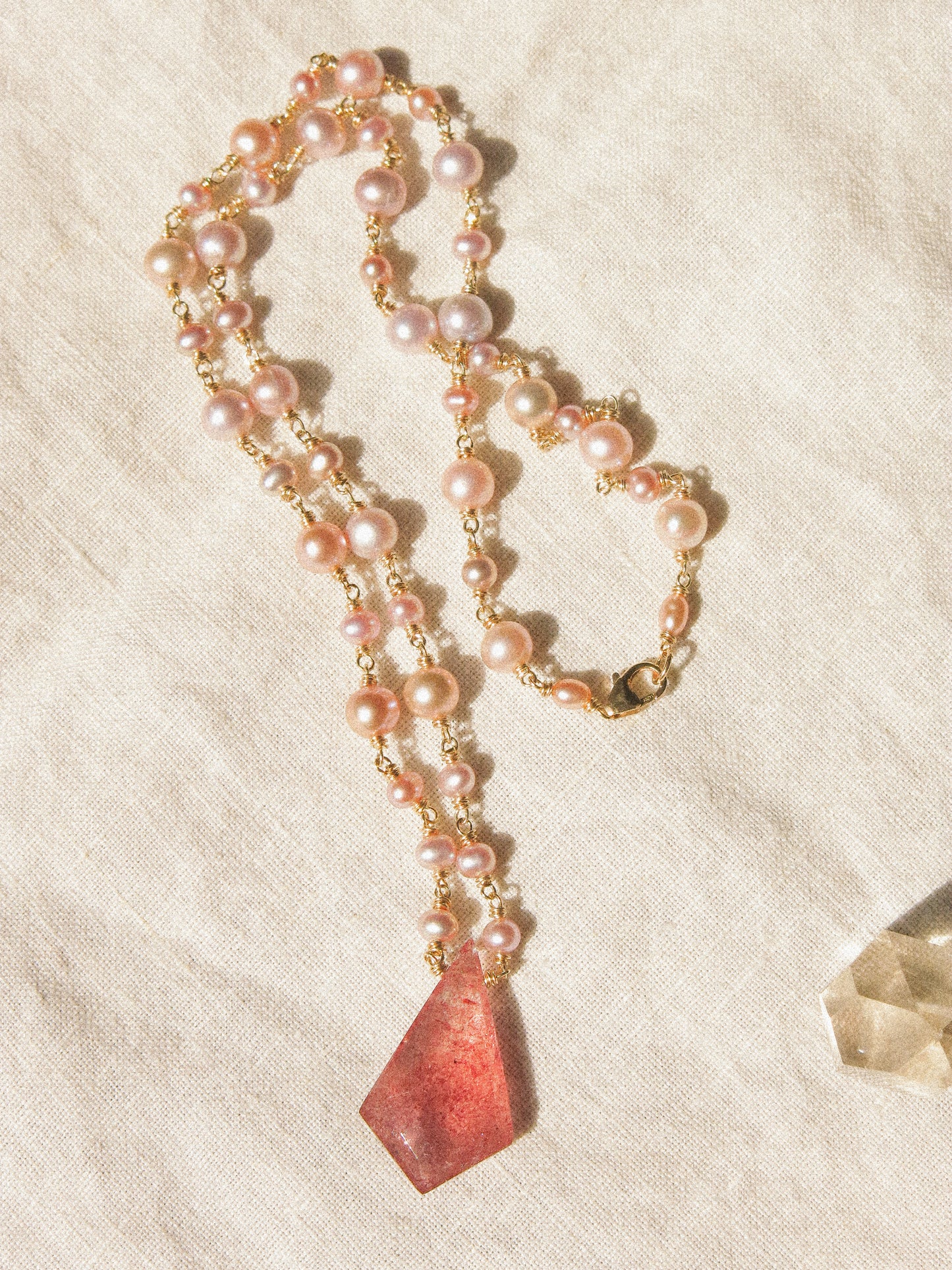 Peach and Mauve Round Pearl with Fancy Cut Strawberry Quartz Delicate Necklace