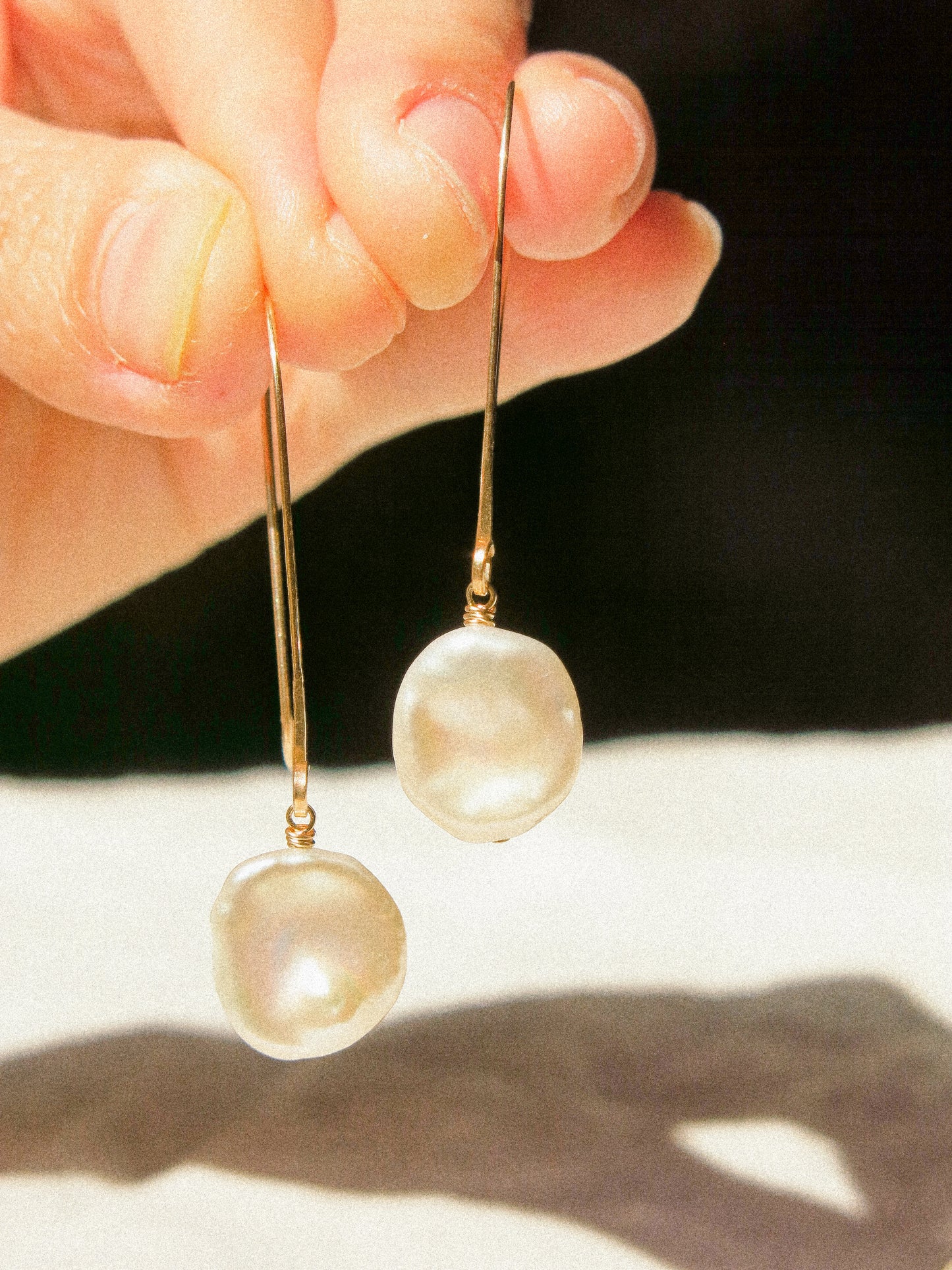 Rose White AAA Keshi Pearl Long Hook Dangle Earrings