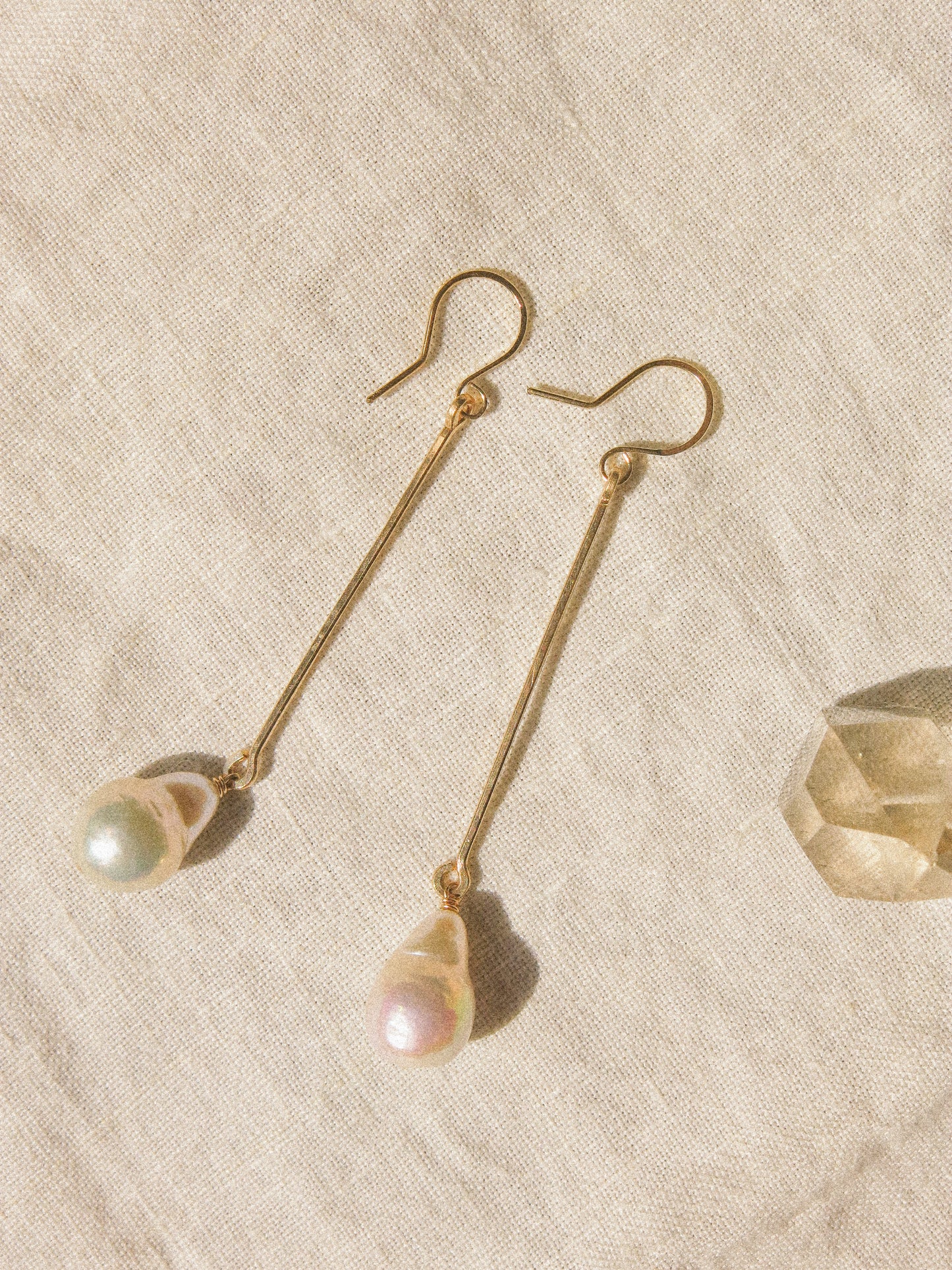 White Flameball Baroque Pearl Lantern Bar Earrings in 14K Gold Fill