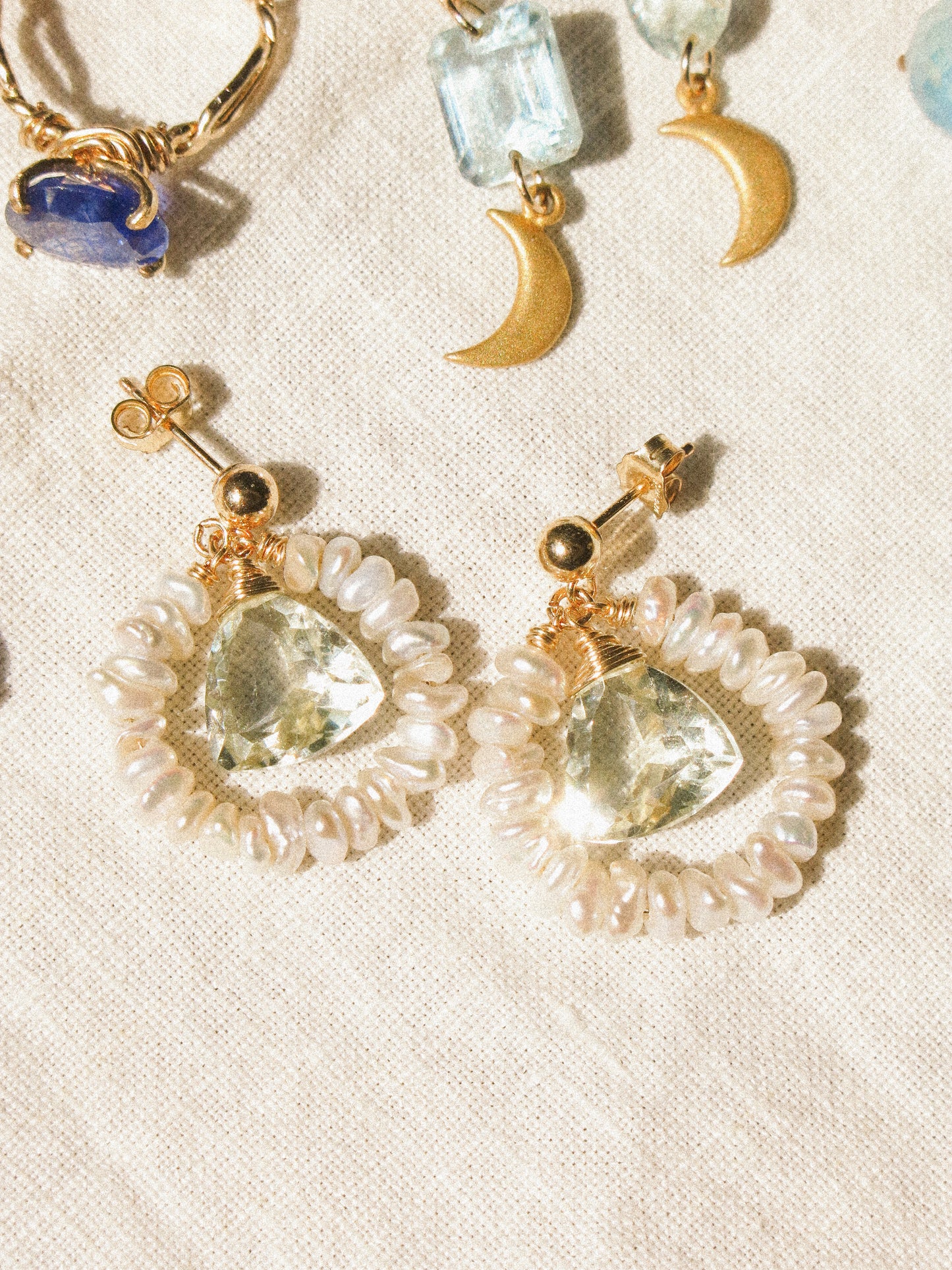 Petit White Keshi Pearl Frame with Trillion Cut Prasiolite Ball Post Earrings, 14K Gold Fill