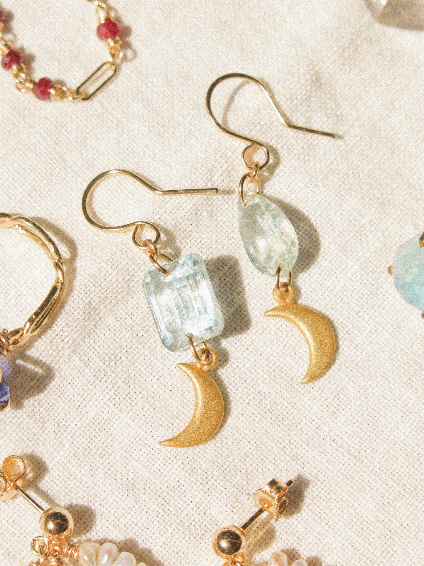 “Moon on the Sea” Faceted Aquamarine and Crescent Moon Earrings, 14K Gold Fill