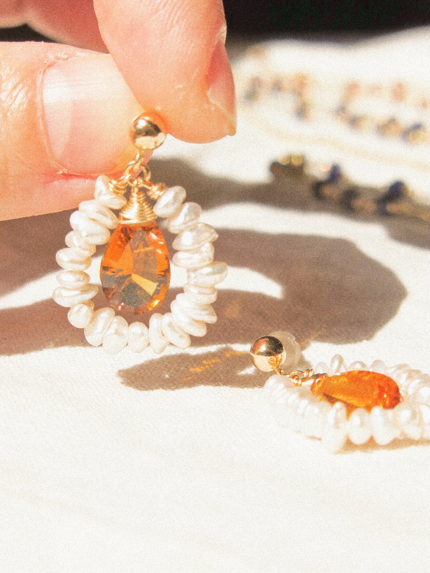 Petit White Keshi Pearl Frame with Concave Cut Citrine Ball Post Earrings in 14K Gold Fill