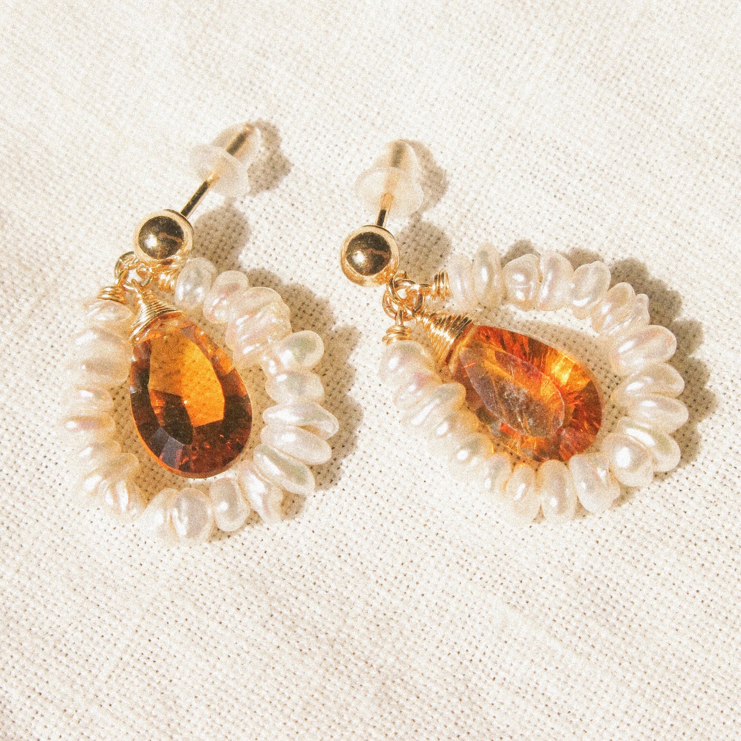 Petit White Keshi Pearl Frame with Concave Cut Citrine Ball Post Earrings in 14K Gold Fill