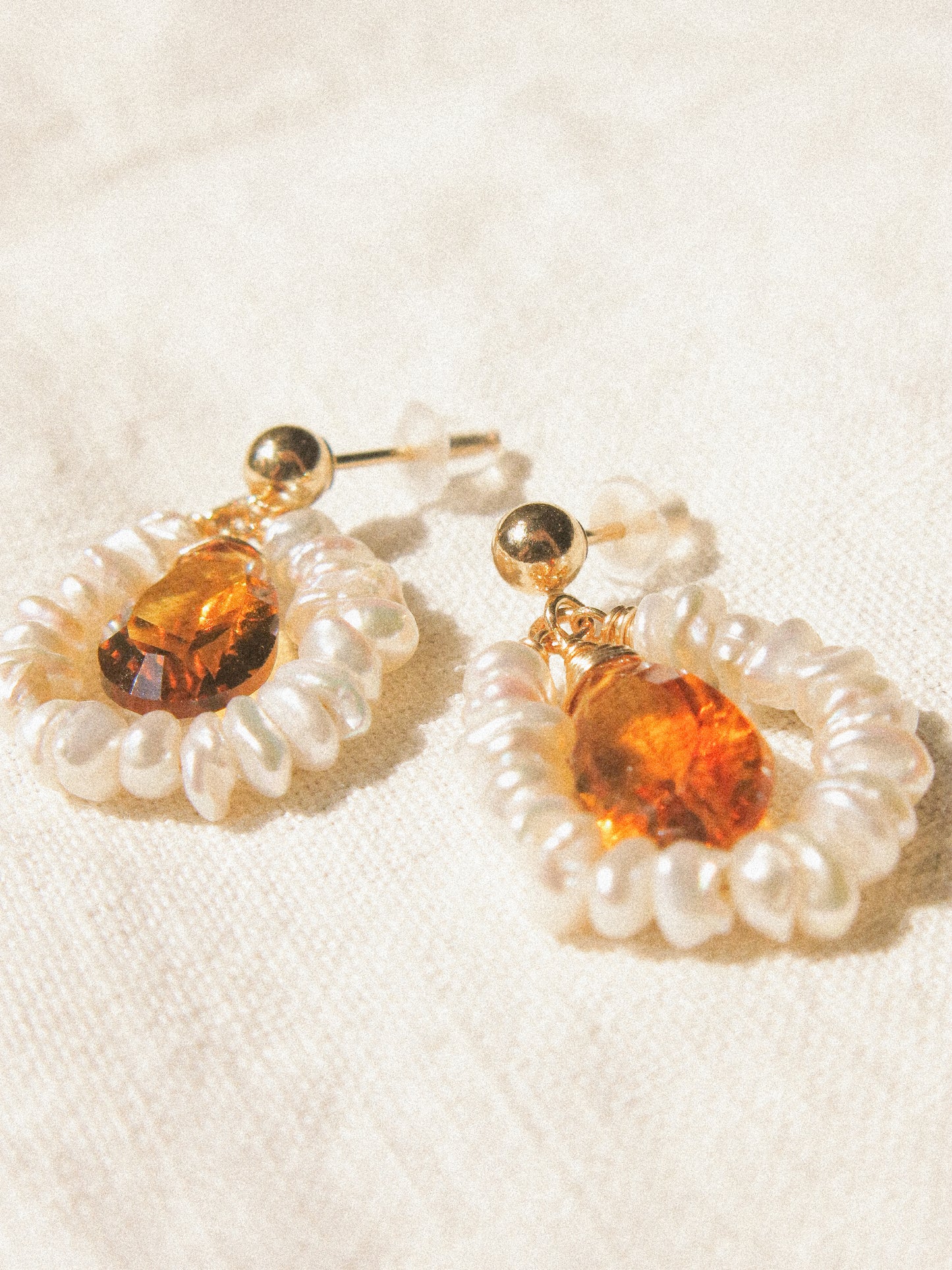 Petit White Keshi Pearl Frame with Concave Cut Citrine Ball Post Earrings in 14K Gold Fill