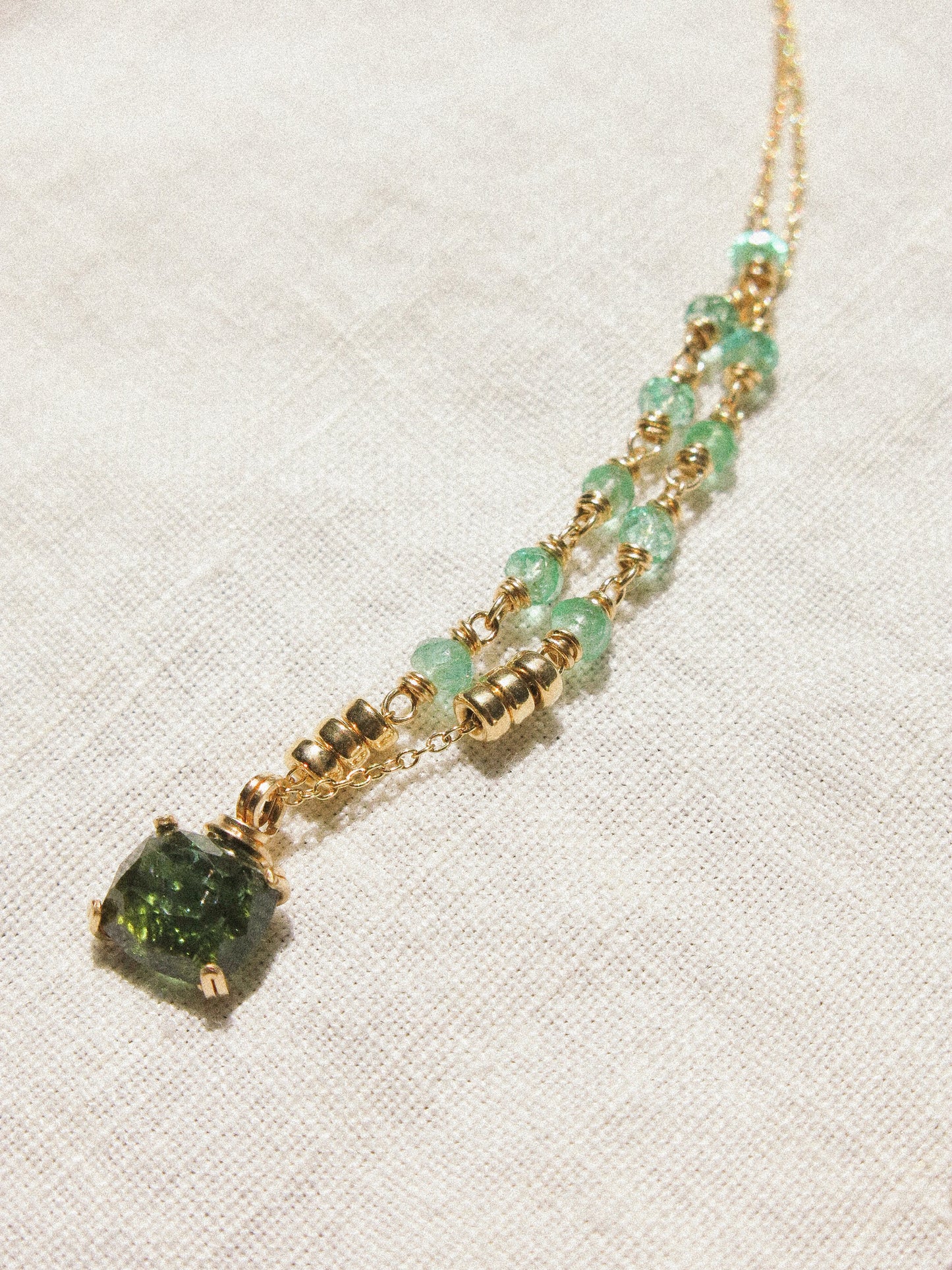 Forest Green faceted rectangle Tourmaline Prong Set Pendant and AAA Zambian Emerald Necklace in 14K Gold Fill, May and October birthstone