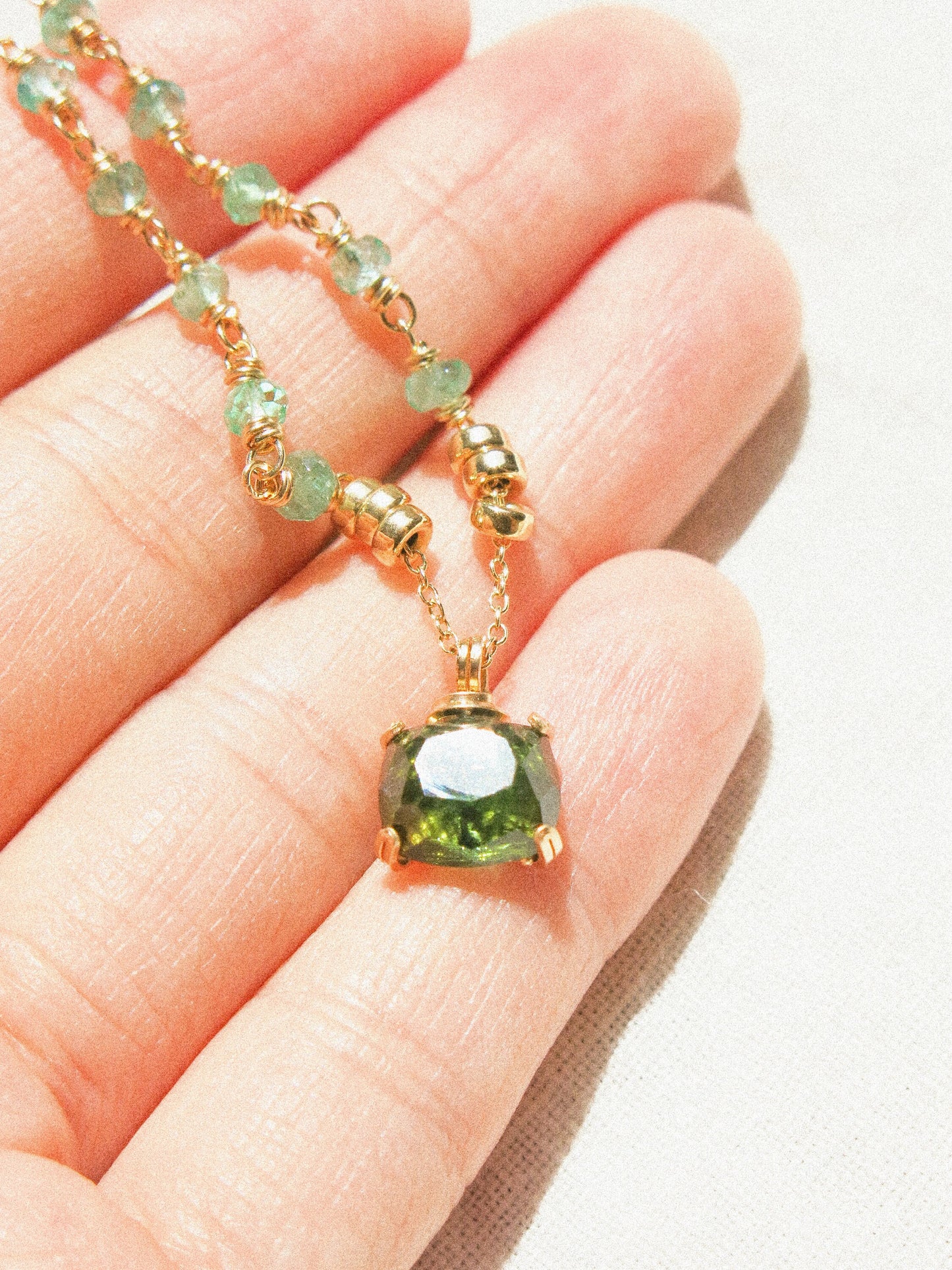 Forest Green faceted rectangle Tourmaline Prong Set Pendant and AAA Zambian Emerald Necklace in 14K Gold Fill, May and October birthstone