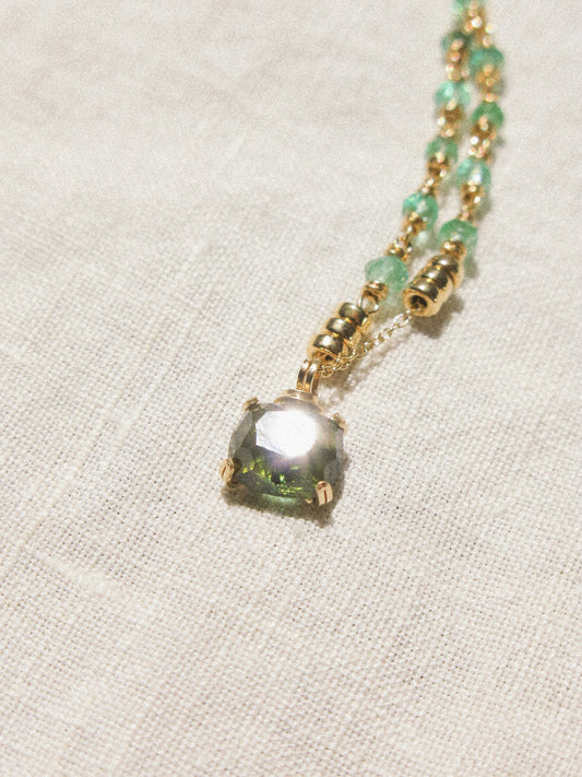 Forest Green faceted rectangle Tourmaline Prong Set Pendant and AAA Zambian Emerald Necklace in 14K Gold Fill, May and October birthstone