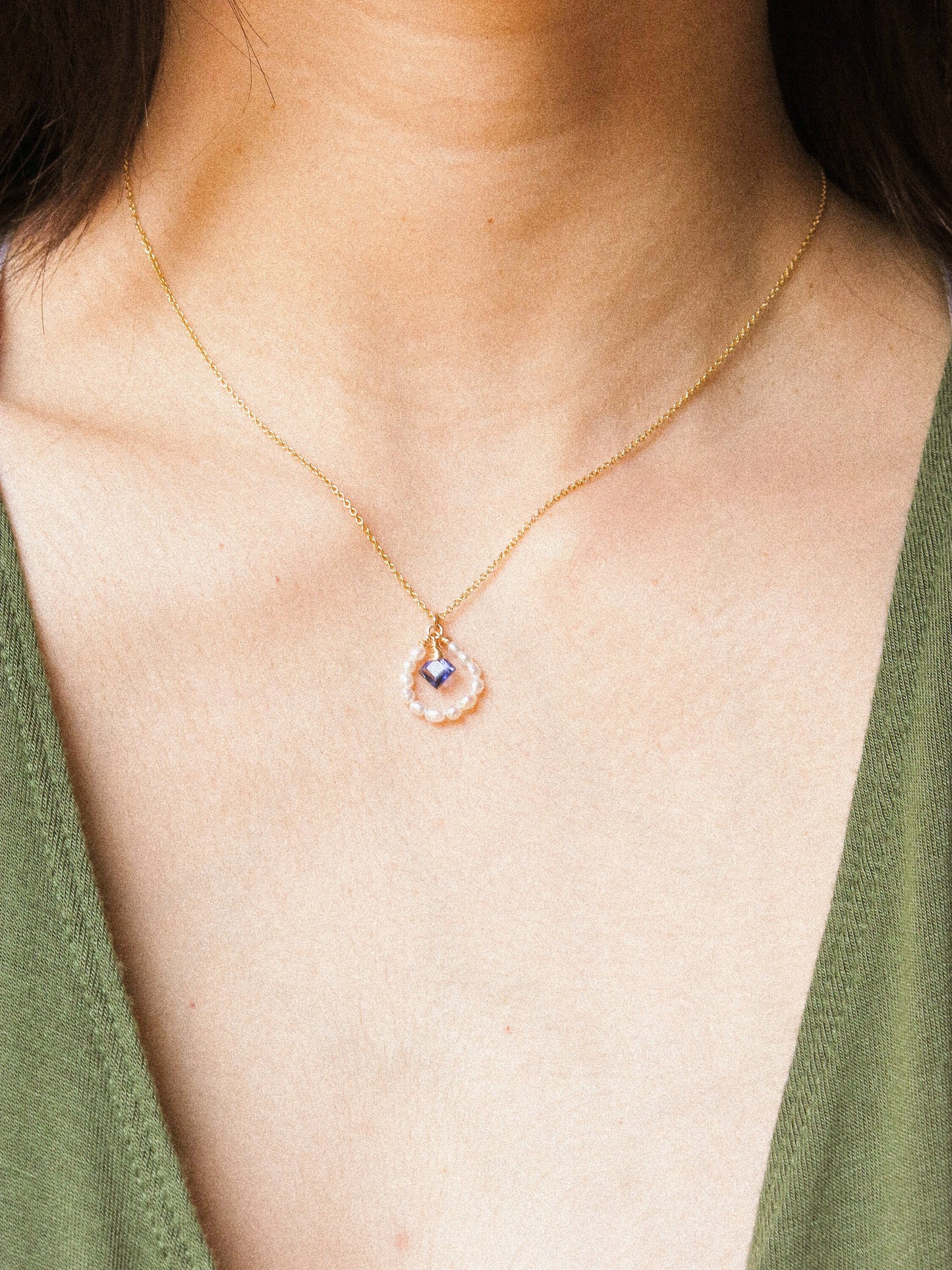 AAA White Pearl Frame with Faceted Iolite Diamond Square Pendant Necklace in 14K Gold Fill, March and June birthstone, Minimalist Jewelry