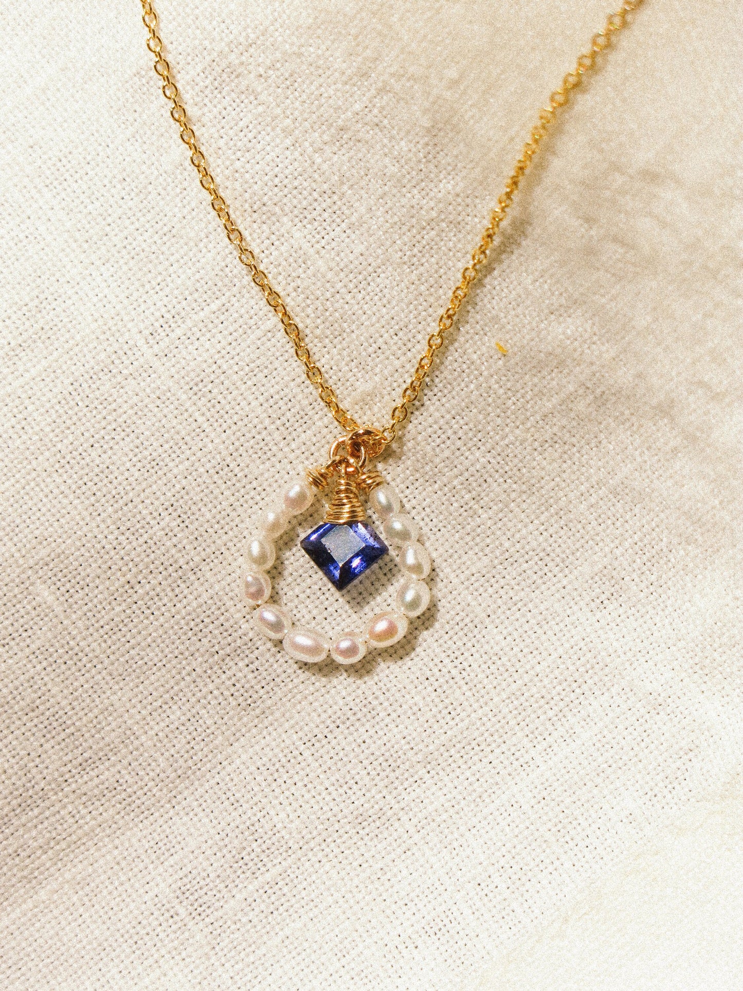 AAA White Pearl Frame with Faceted Iolite Diamond Square Pendant Necklace in 14K Gold Fill, March and June birthstone, Minimalist Jewelry