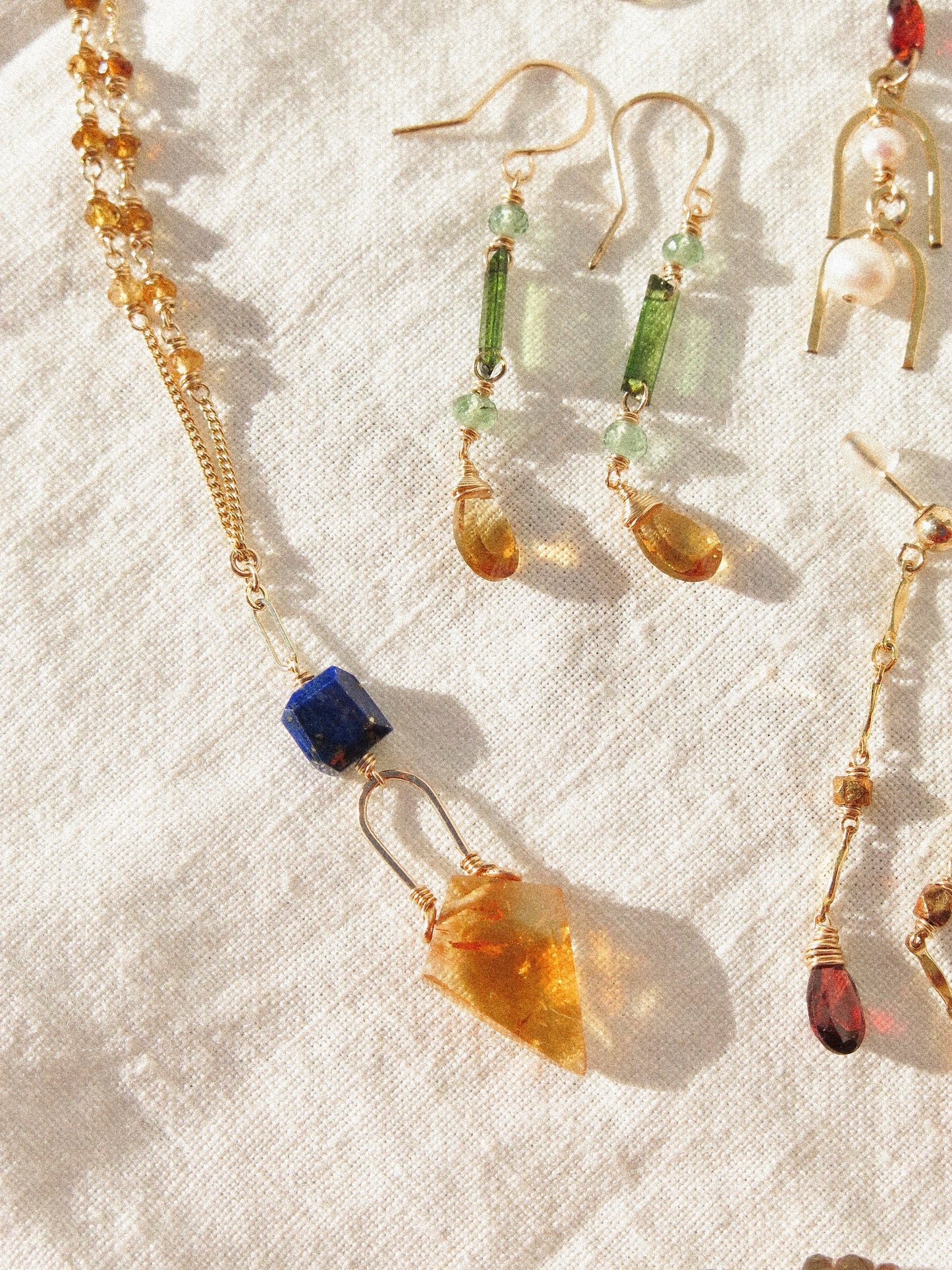 Faceted Kite Shaped Citrine and Lapis Lazuli Layering Lariat Necklace with Tourmaline in 14K Gold Fill, November and September birthstone