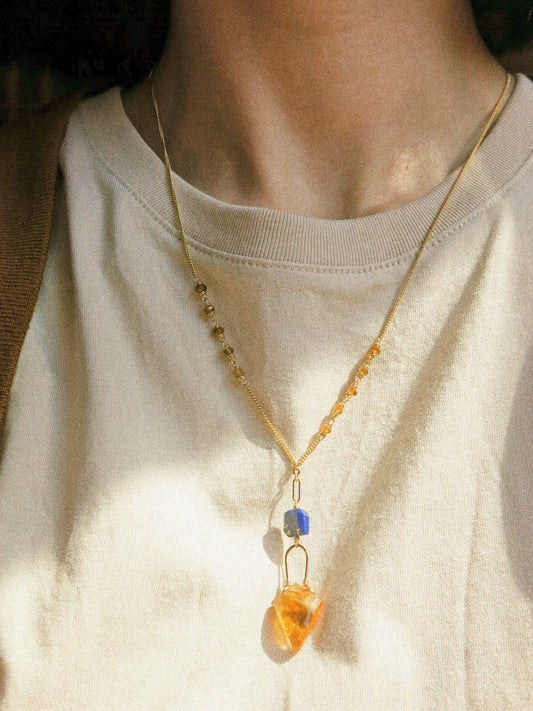 Faceted Kite Shaped Citrine and Lapis Lazuli Layering Lariat Necklace with Tourmaline in 14K Gold Fill, November and September birthstone