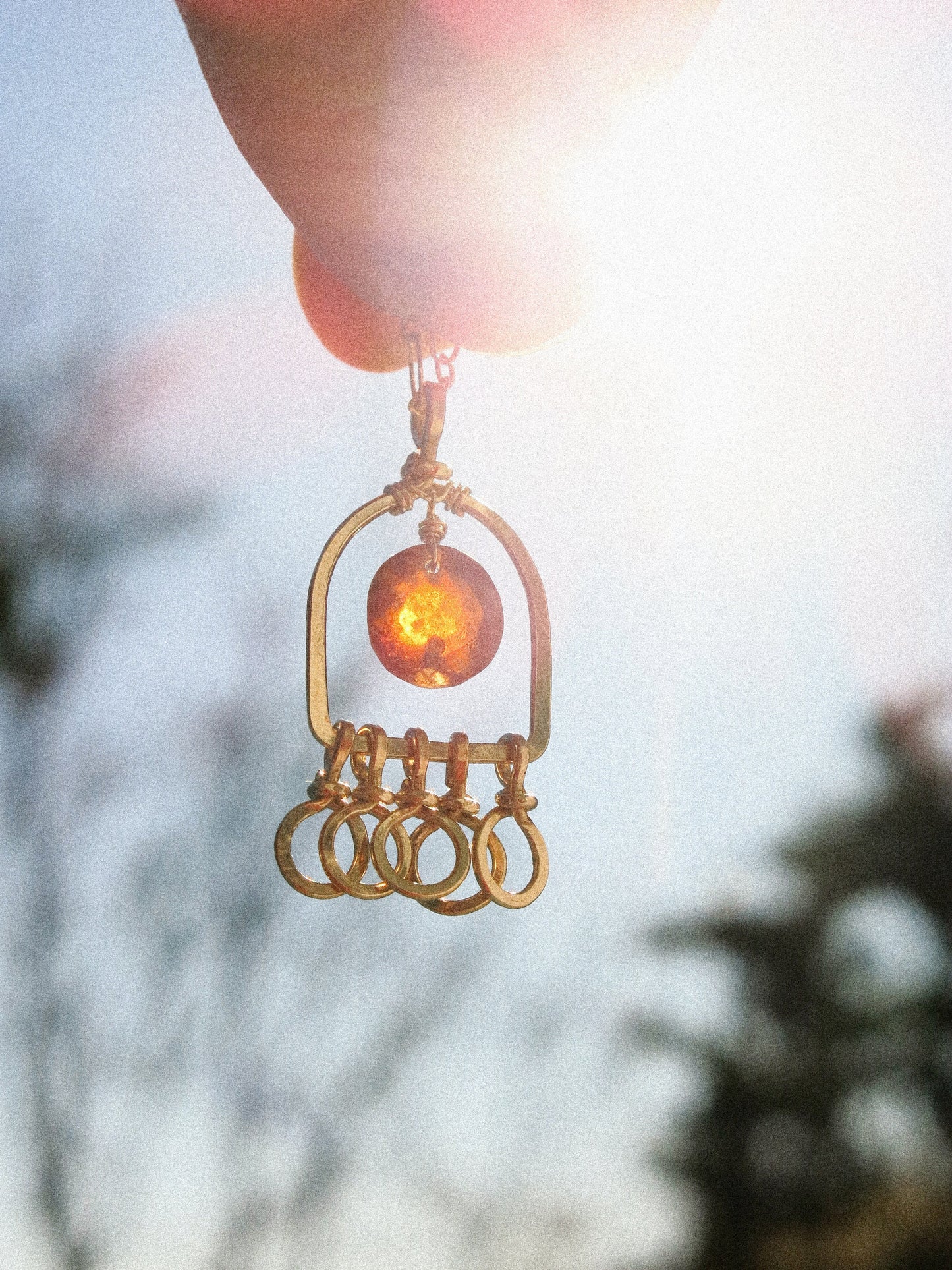 Faceted Round Hessonite Garnet in Hammered Window Frame and Circle Charms Necklace in 14K Gold Fill, January birthstone, Geometric Jewelry