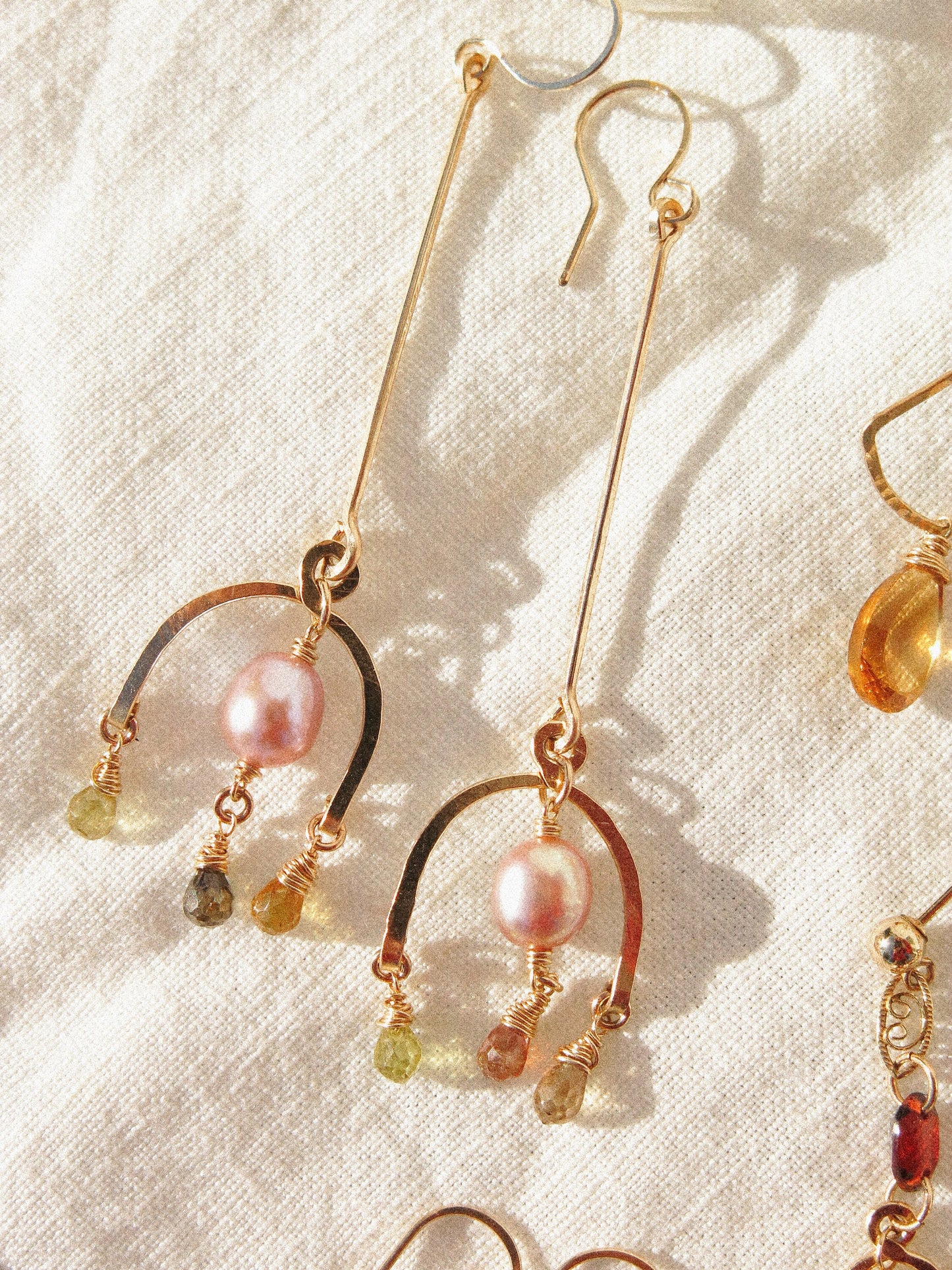 Lantern Bar Shoulder Dusters Earrings with Arc Chandelier, Mauve Pearl, and faceted Zircon Teardrops in 14K Gold Fill, December Birthstone