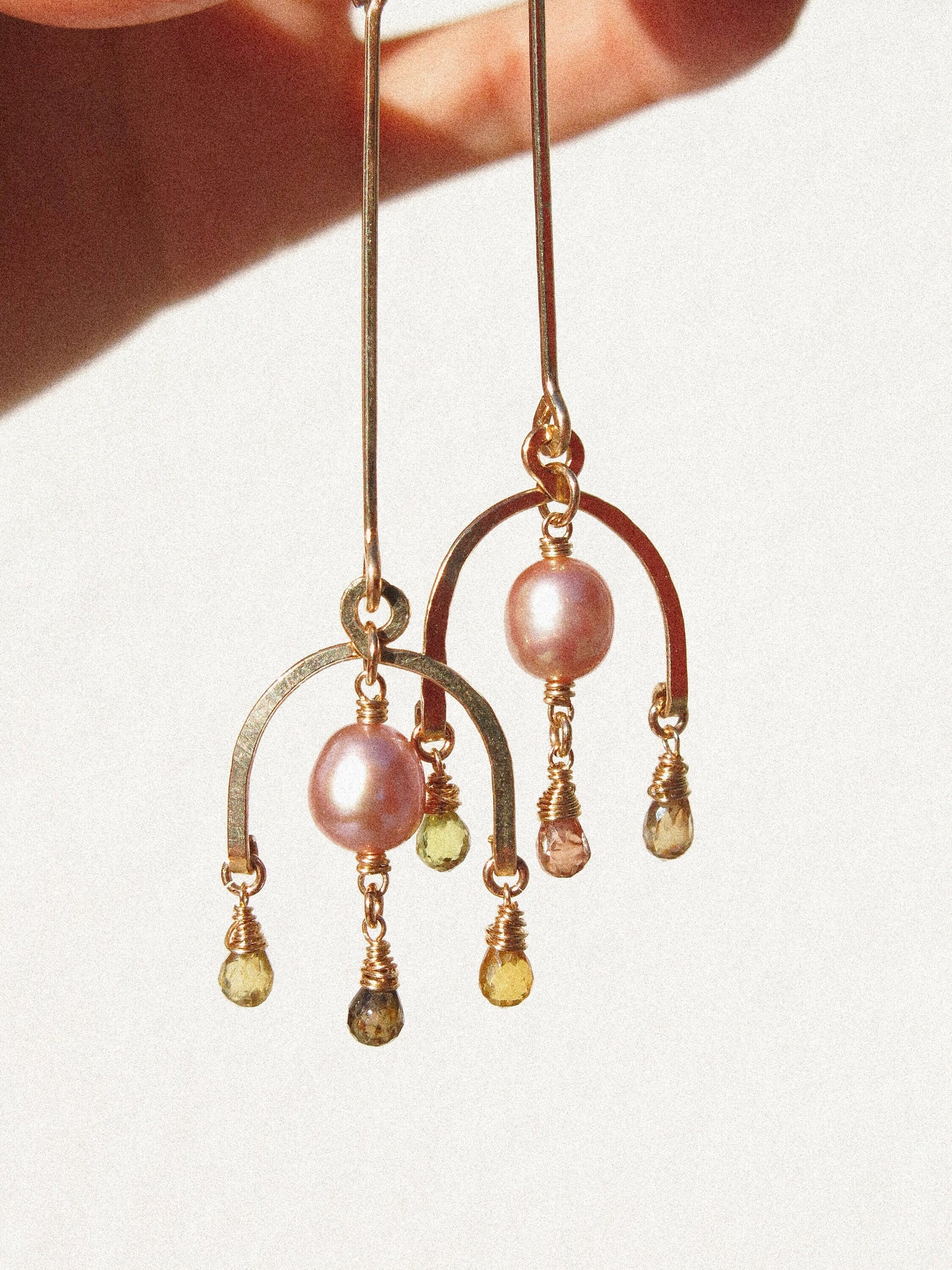 Lantern Bar Shoulder Dusters Earrings with Arc Chandelier, Mauve Pearl, and faceted Zircon Teardrops in 14K Gold Fill, December Birthstone