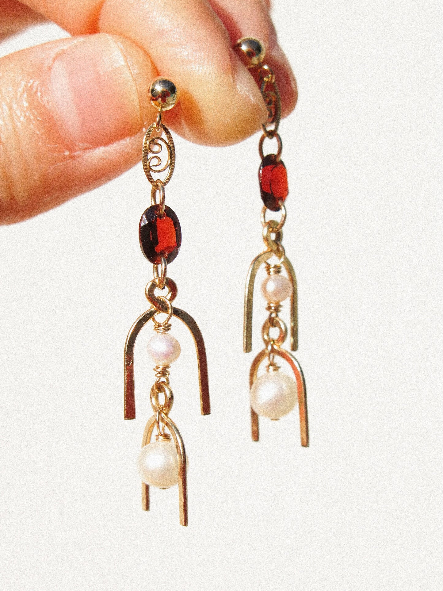 White Pearl and Faceted Oval Mozambique Garnet and 3D Arc Ball Post Earrings in 14K Gold Fill, January and June Birthstone, Cascading Dangle