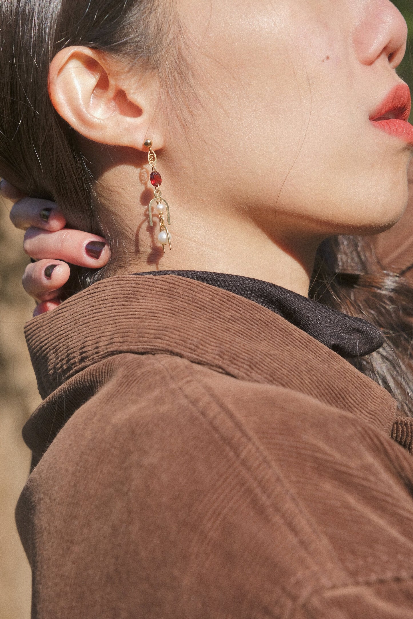 White Pearl and Faceted Oval Mozambique Garnet and 3D Arc Ball Post Earrings in 14K Gold Fill, January and June Birthstone, Cascading Dangle