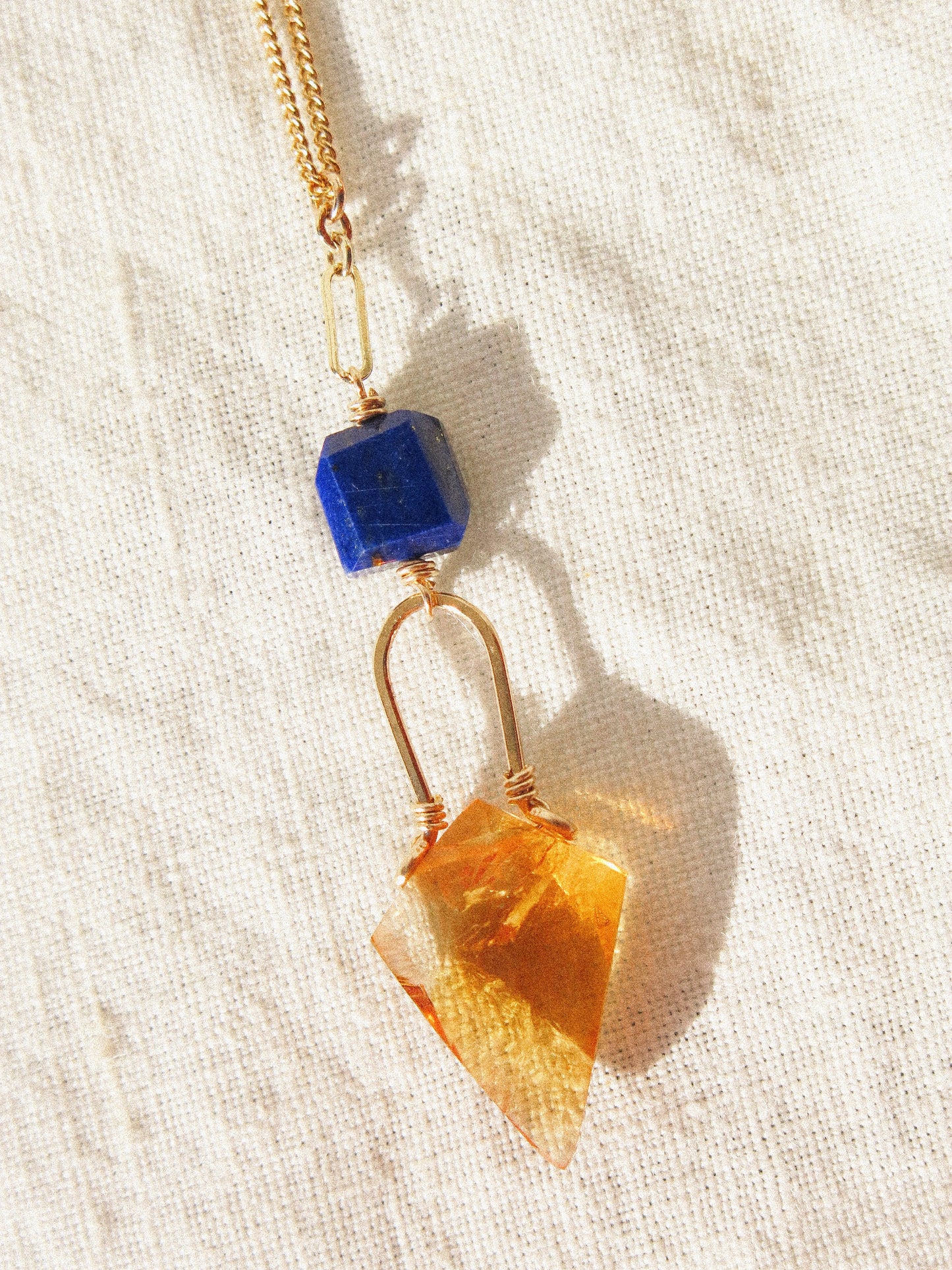 Faceted Kite Shaped Citrine and Lapis Lazuli Layering Lariat Necklace with Tourmaline in 14K Gold Fill, November and September birthstone