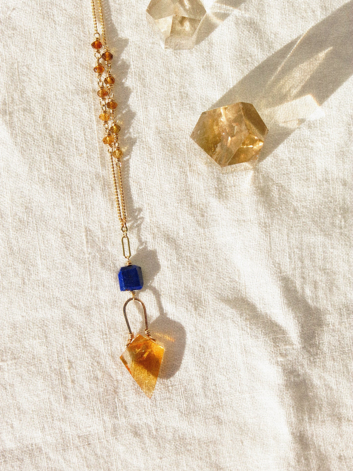 Faceted Kite Shaped Citrine and Lapis Lazuli Layering Lariat Necklace with Tourmaline in 14K Gold Fill, November and September birthstone