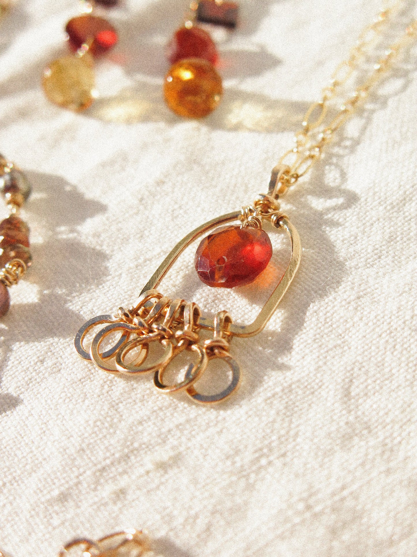 Faceted Round Hessonite Garnet in Hammered Window Frame and Circle Charms Necklace in 14K Gold Fill, January birthstone, Geometric Jewelry