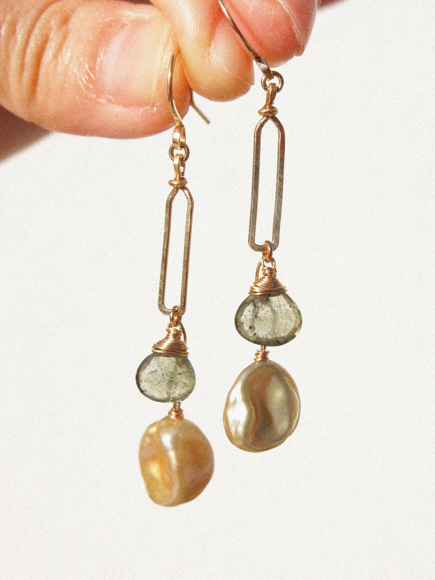 Golden Keshi Pearl and Faceted Moss Aquamarine Briolette on Rectangle Frame Dangle Earrings in 14K Gold Ill, March and June Birthstone