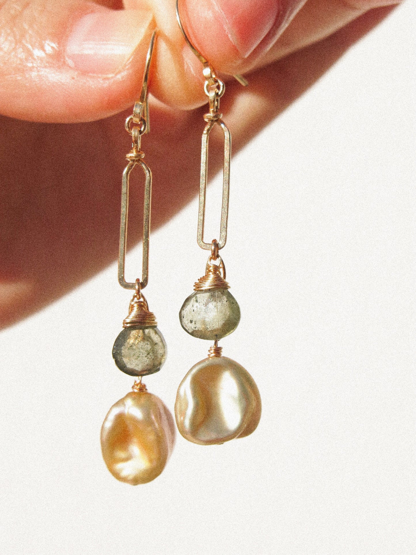 Golden Keshi Pearl and Faceted Moss Aquamarine Briolette on Rectangle Frame Dangle Earrings in 14K Gold Ill, March and June Birthstone