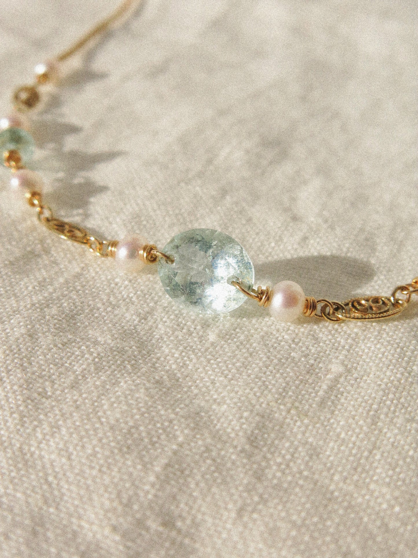 Faceted Oval Aquamarine and white Pearl Delicate Choker Necklace in 14K Gold Fill, March Birthstone, Wire Wrapped Victorian-inspired jewelry