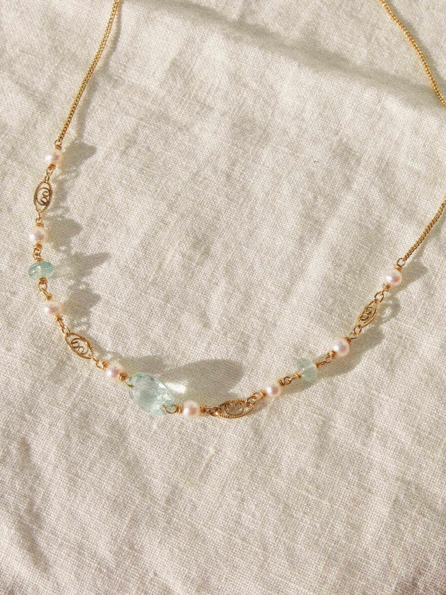 Faceted Oval Aquamarine and white Pearl Delicate Choker Necklace in 14K Gold Fill, March Birthstone, Wire Wrapped Victorian-inspired jewelry