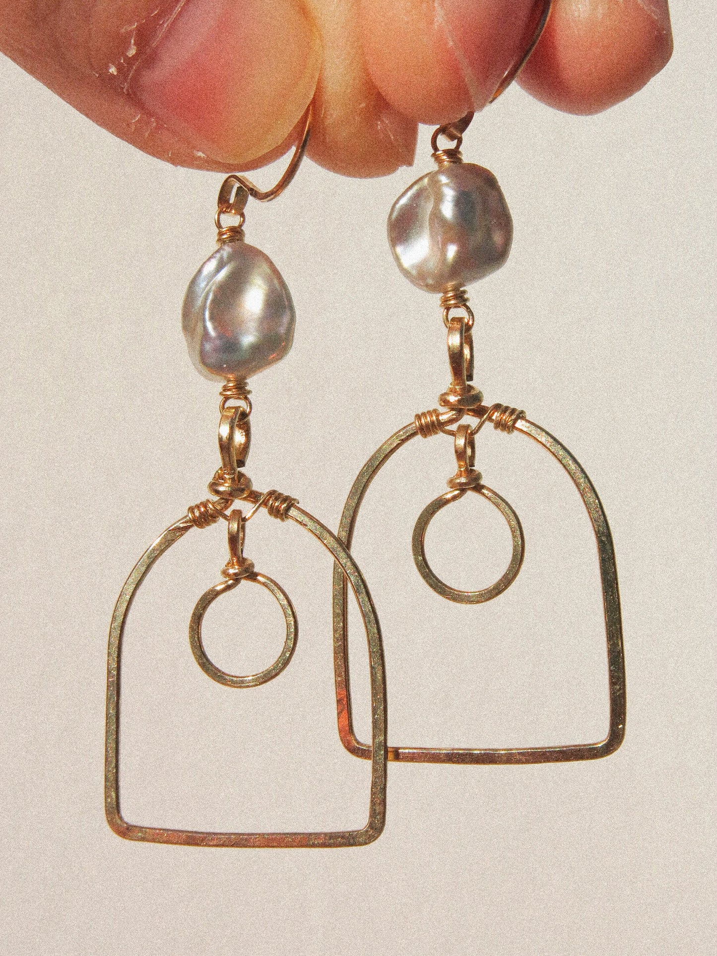 Silver Keshi Pearl and Hand-textured Window Frame Dangle Earrings in 14K Gold Fill, June Birthstone, Victorian-inspired Earrings, Bridal